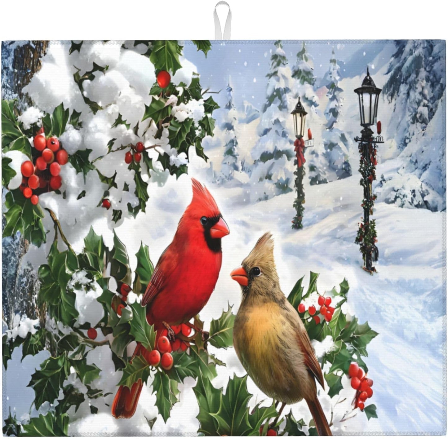 Winter Cardinal Birds Dish Drying Mat for Kitchen Counter Washable Dish Drying Racks Absorbent Reversible Microfiber Dishes Drying Pad Christmas Kitchen Accessories or Decor 16"x18"