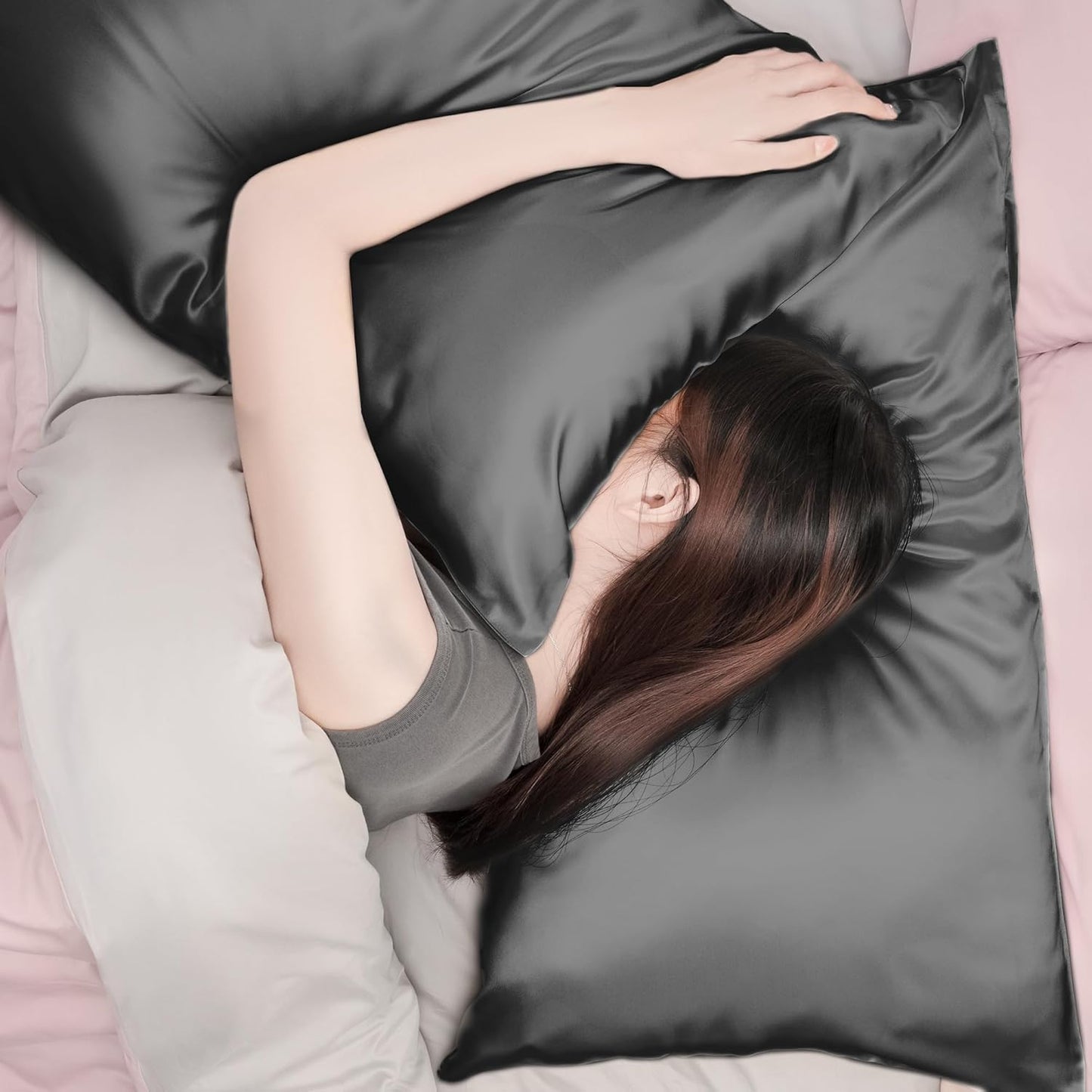 EXQ Home Silky Satin Pillowcase for Hair and Skin,Pillow Cases Standard Size Set of 2 Satin Pillow Case 2 Pack with Envelope Closure Black (Standard)