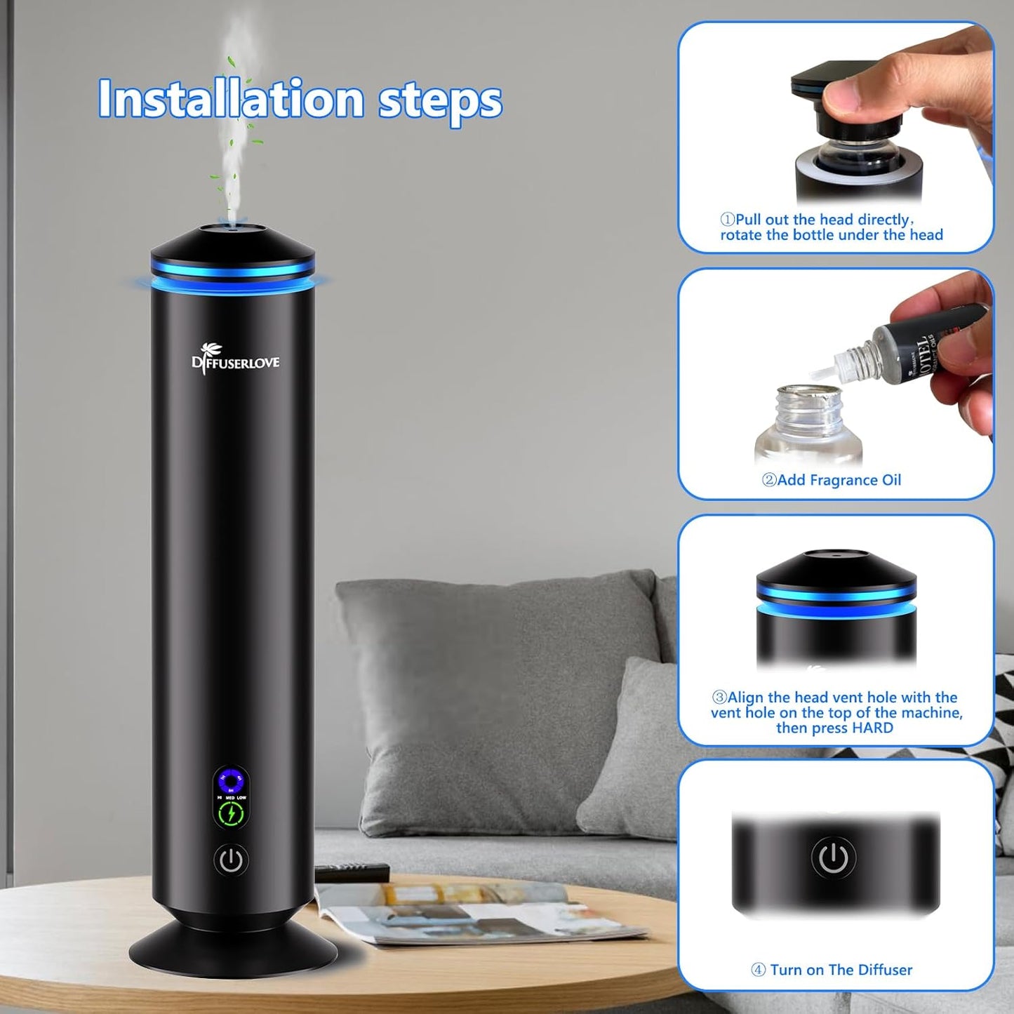 Diffuserlove Full Metal Body Waterless Scent Diffuser with 5 Hotel Scent Oils Hotel Collection Diffuser Waterless Aromatherapy Essential Oil Diffuser UP to 2000 Sq Ft Coverage for Home Office