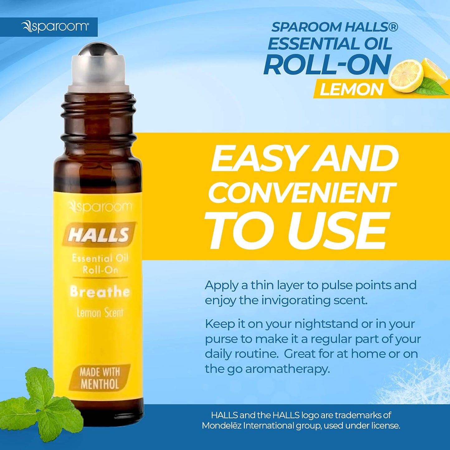 Halls Breathe Essential Oil Roll On Lemon – Uplifting Citrus Blend with Menthol for Stress and Craving Relief, Clean Botanical Aromatherapy for Travel or Home Use, 10mL Pocket-Sized Format