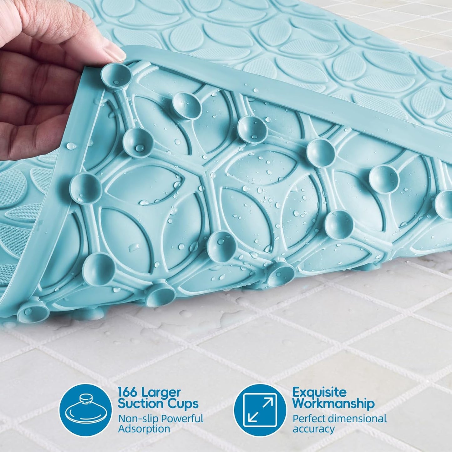 WRISIN Bathtub Mat Non Slip with Suction Cups - 100% Rubber Bathroom Mat Textured for Bath Tub Shower Safety - Soft on Touch - BPA/PVC Free - Pet Dog Bath Mat - Machine Washable - 17 × 35 Inch（Blue）