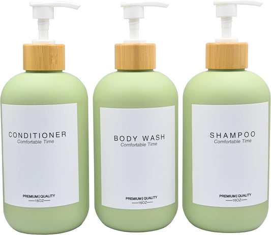 Shampoo and Conditioner Bottles, Refillable Shampoo Bottles with 6 Waterproof Labels, Apothecary Dispenser for Shampoo Lotion Oil Shower Soap Hand Soap and Dish Soap (Matcha Green)