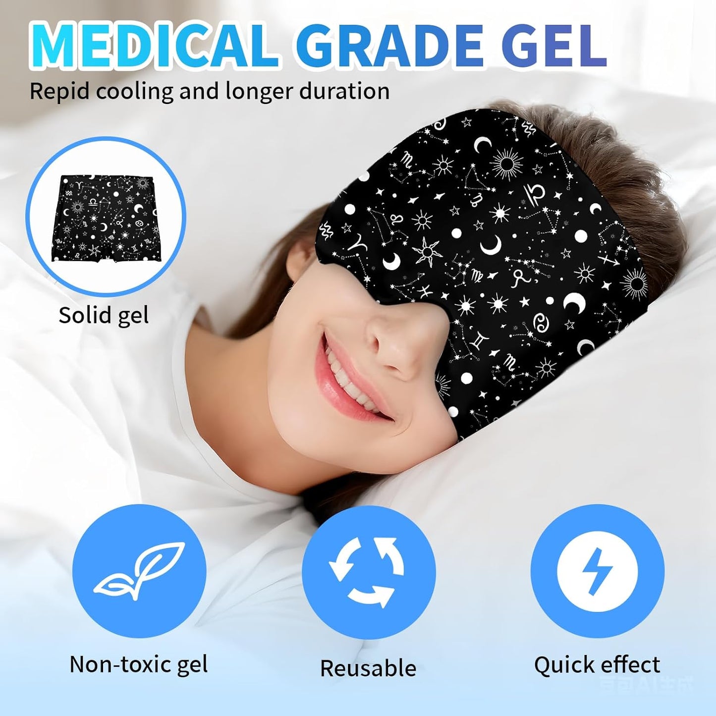 Migraine Relief Cap,Headache Relieve Cap,Black Constellation Pattern Reusable Gel Ice Head Wrap Cap for Tension,Stress,Hangover & Puffy Eyes.