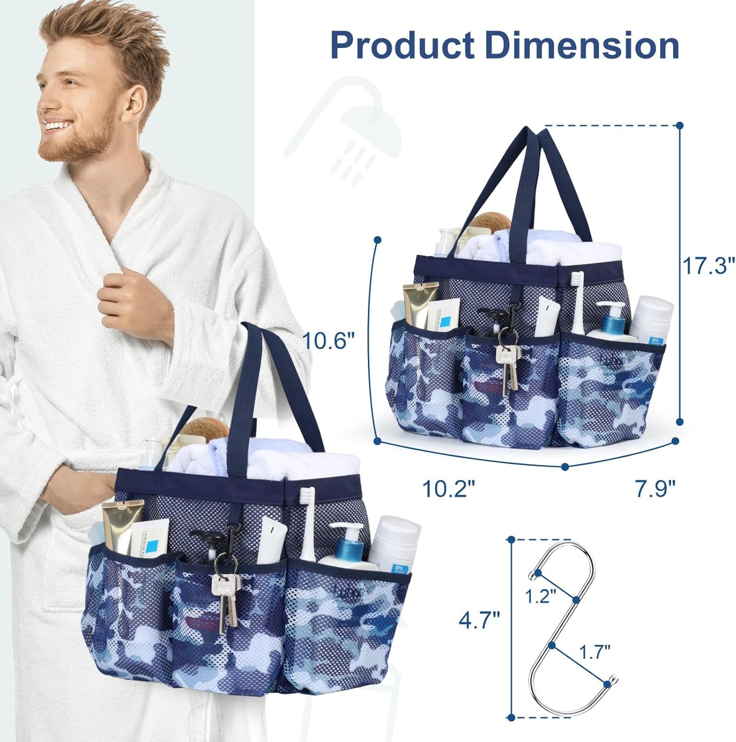 F-color Shower Caddy Portable - Mesh Shower Bag Basket Tote for College Dorm Room Essentials Bathroom Gym Camp Quick Dry for Women Men with S Hook, Dark Blue Camouflage