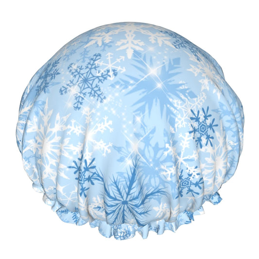Winter Snowflakes Shower Caps Blue White Snowflakes Hair Caps for Shower Dual-Layer Waterproof Bath Hat Elastic Reusable Hair Hat for Shower Cooking Clean Makeup Travel