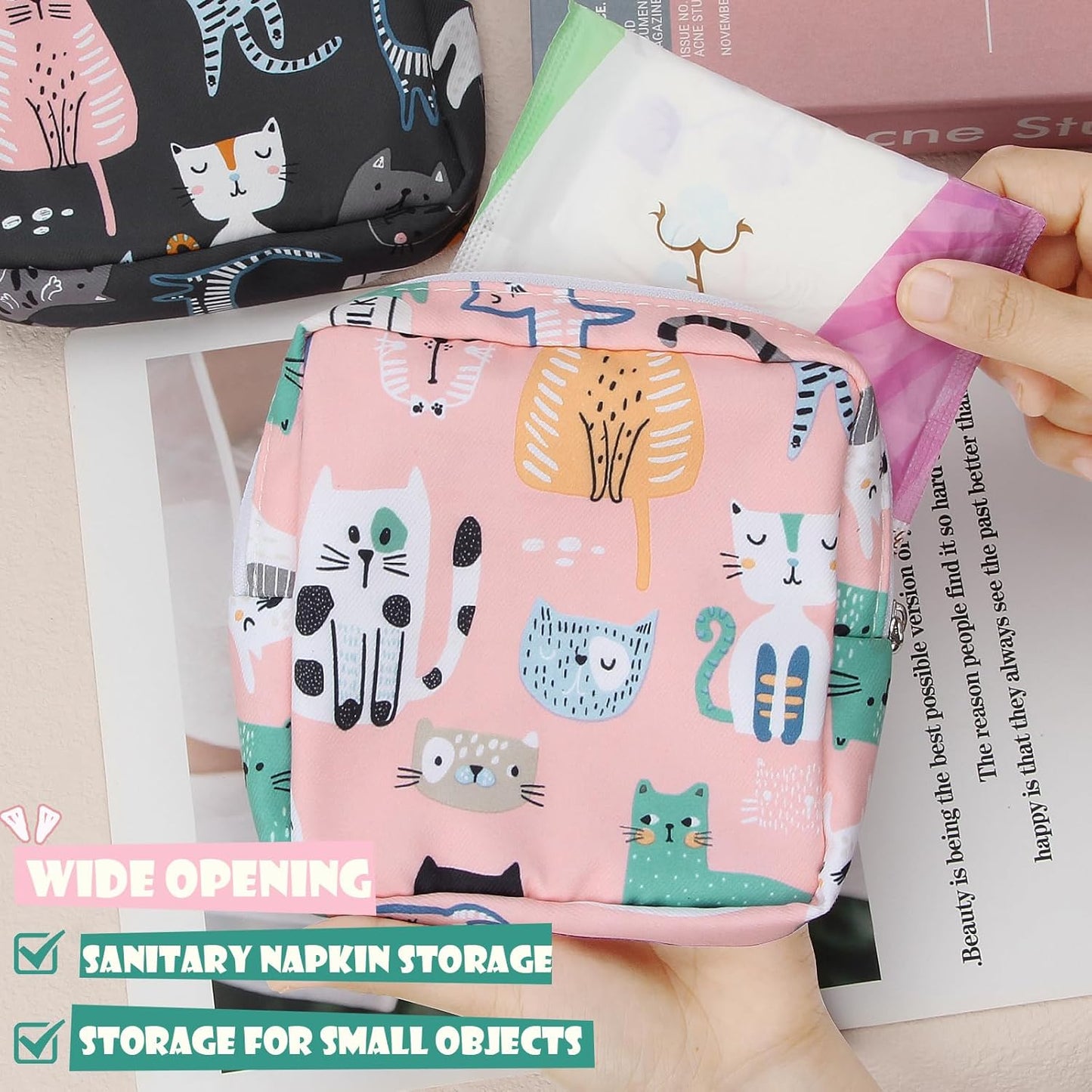 Desing Wish Sanitary Pad Storage Bag Portable Period Bag for Teen Pads/Sanitary Napkins/Small Tampons, Sanitary Napkin Storage Bag First Period Gifts for Teen Girls (Grey Cats)