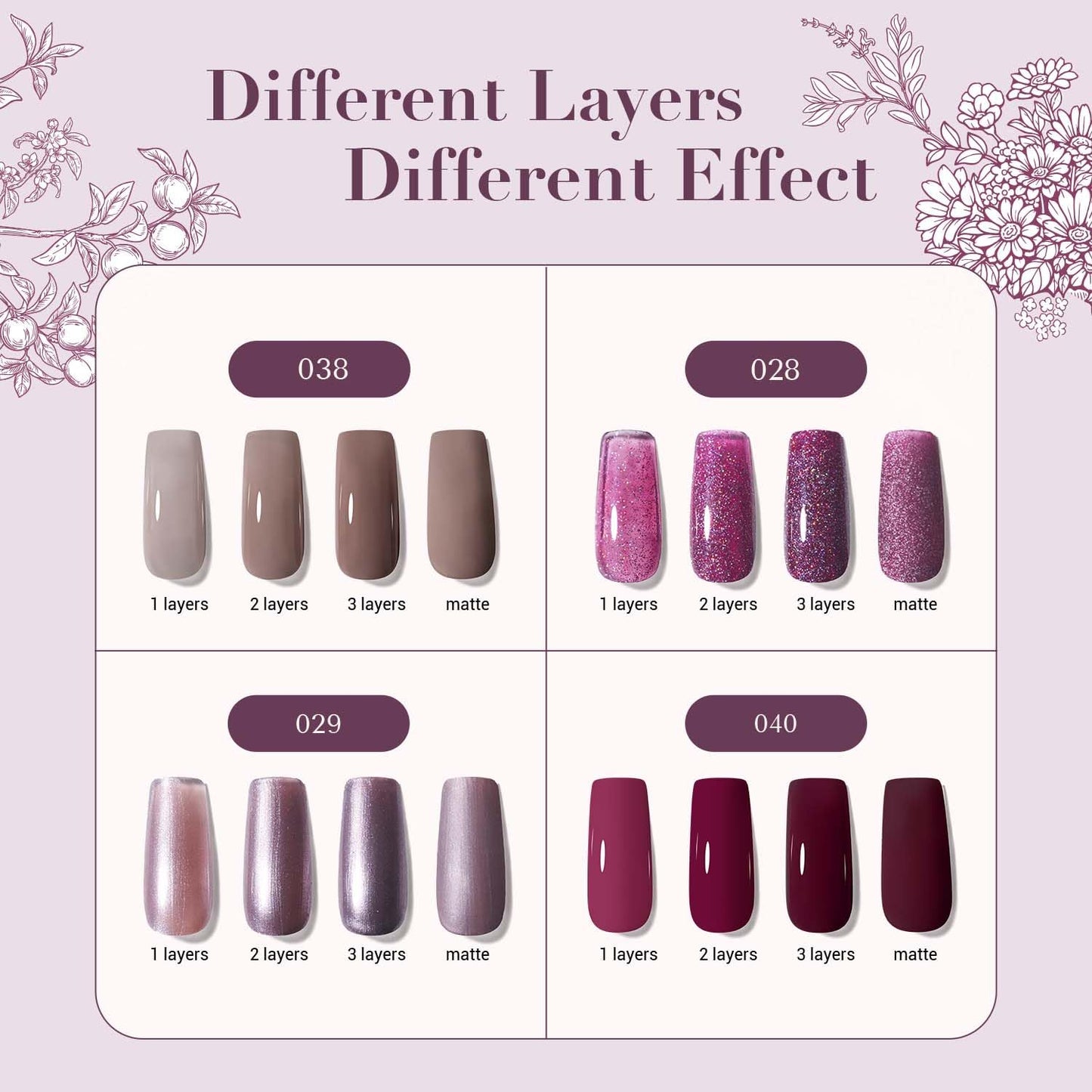 AZUREBEAUTY Nail Polish Set, 4 Colors Brown Purple Glitter Quick Dry Natural Nail Lacquer Strengthening Treatment Kit with Top Coat DIY Salon at Home