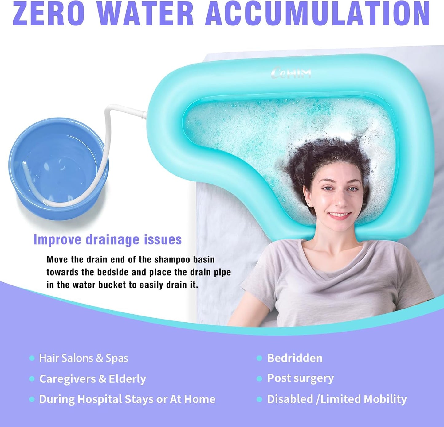Portable Inflatable Shampoo Basin for Bedridden & Elderly - Zero Pooling Design | Fast-Drain Slope & Neck Support | Portable Hair Wash Bowl, Drain Hose | Hospital PVC | Home Use (Blue, Large)