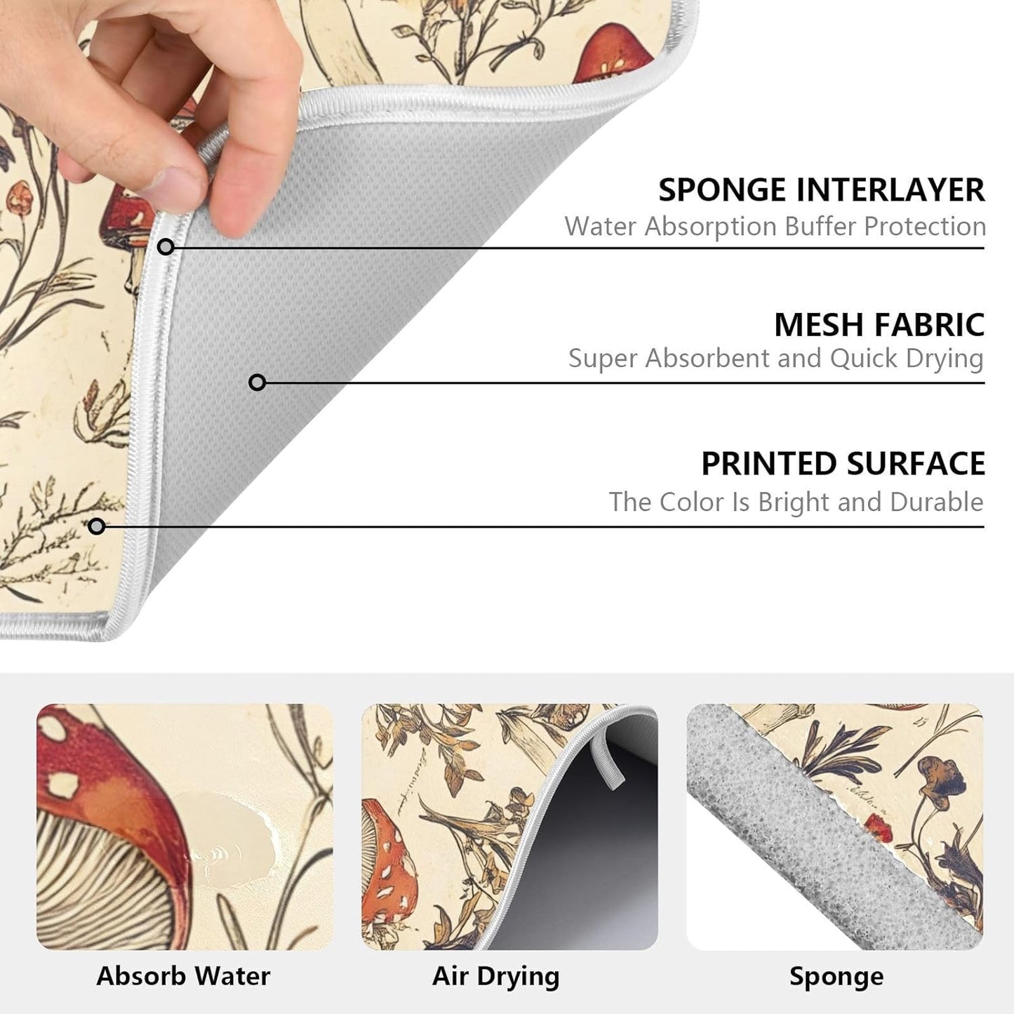 Mushroom Autumn Grass Dish Drying Mats for Kitchen Counter, 18x24 inch Drying Dishes Absorbent Microfiber Dish Drainer Mat Rack Pad Fast Dry