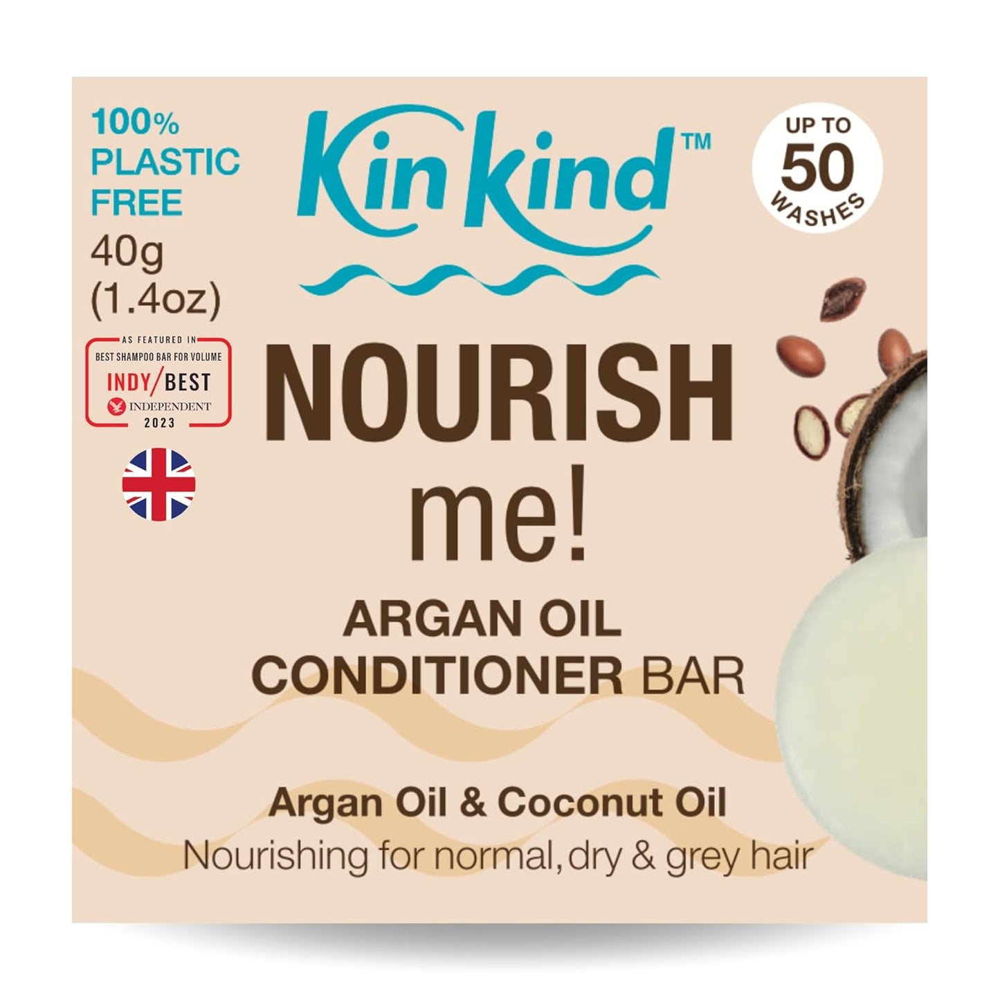 KinKind Hair Conditioner Bar - NOURISH Me! | Argan Oil Conditioner Bar for Hair - Solid Coconut Conditioner - Dry Hair Conditioner | For Normal/Dry & Grey Hair | Up to 50 Washes - Vegan & Cruelty Free