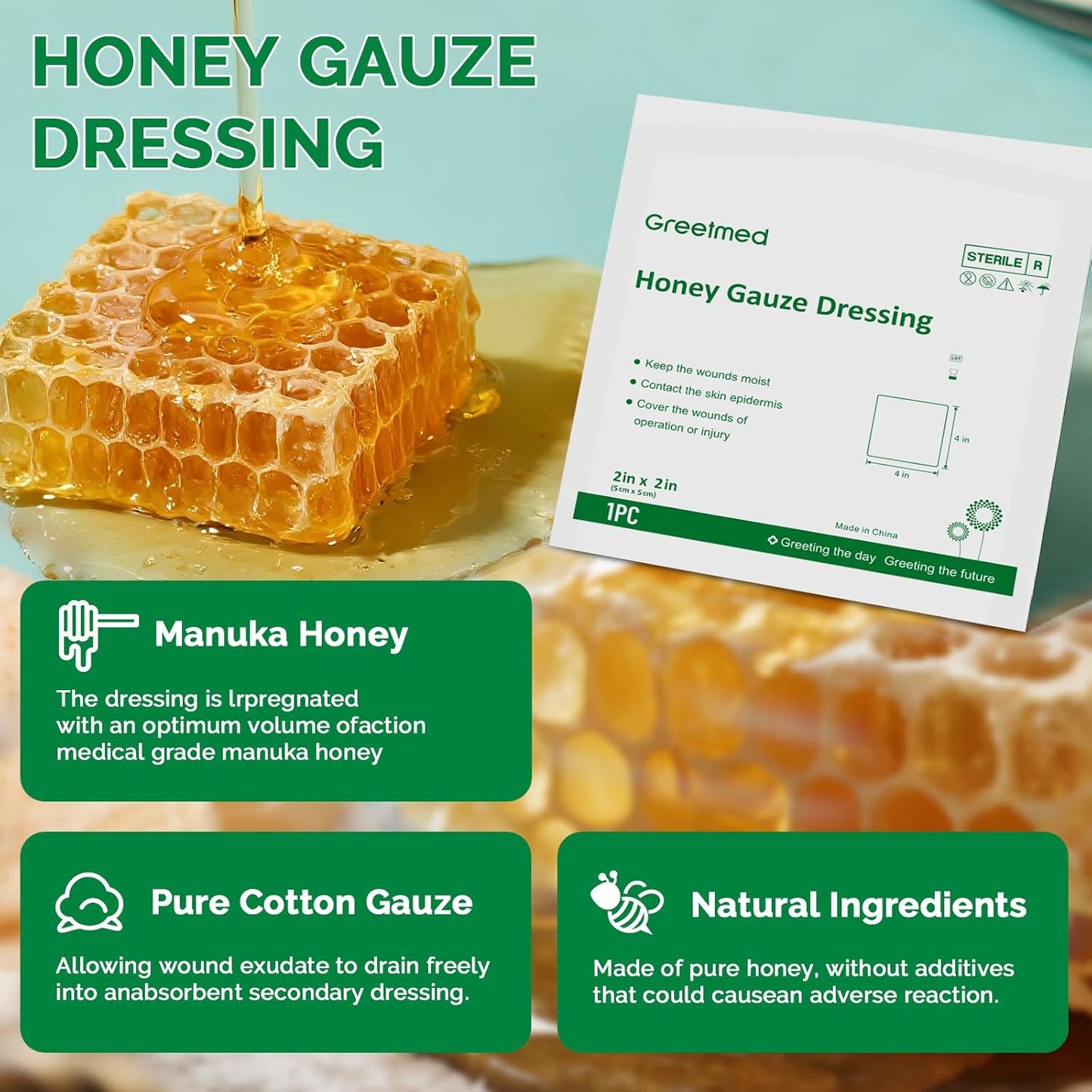 Honey Gauze Dressing 2'' x 2'' Sterile Honey Wound Dressing, Medical Grade Manuka Honey Patches for Faster Wound Care | Burns | Traumatic Wounds and Laceration (Individually Pack of 10)