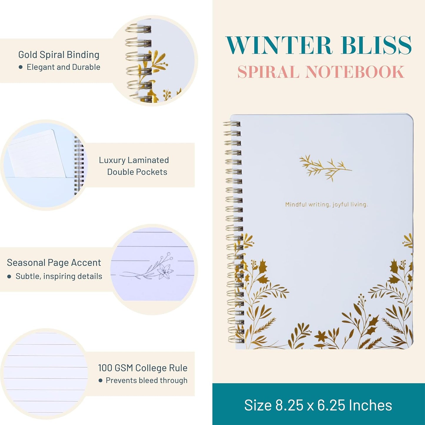 Happy Hoos® Aesthetic Spiral Notebook - 6.25" x 8.25" College Ruled Journal Notebook - Hard Cover Writing Journal for Work, School, Travel, More - Floral Notebook 8 Seasonal Designs (Winter Bliss)