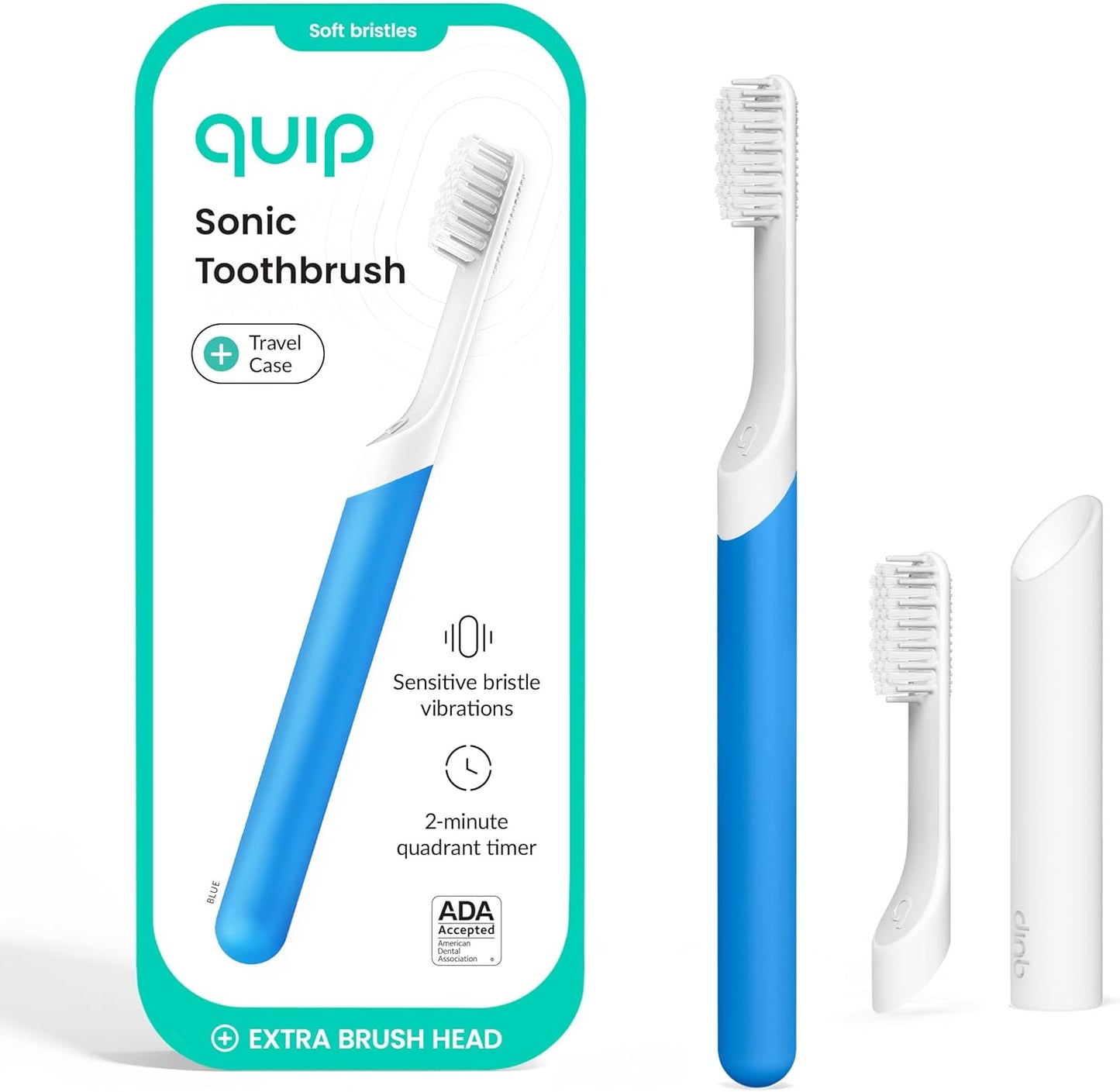 Quip Plastic Sonic Electric Toothbrush for Adults - Time Travel & Soft Bristles with Travel Case & Replacement Brush Head - 3 Month Battery Life - Blue