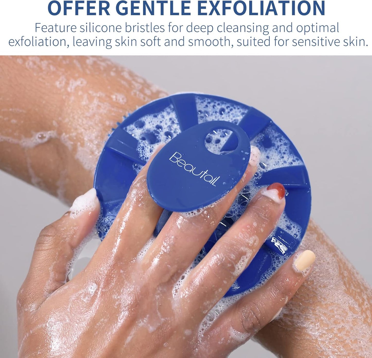 Silicone Body Scrubber, BEAUTAIL Shower Bath Scrubber, More Hygienic Than Traditional Loofah, Lather Nicely, Long Lasting, Gentle Exfoliating Brush for Women Men Baby Sensitive Skin, 1 Pack, Blue