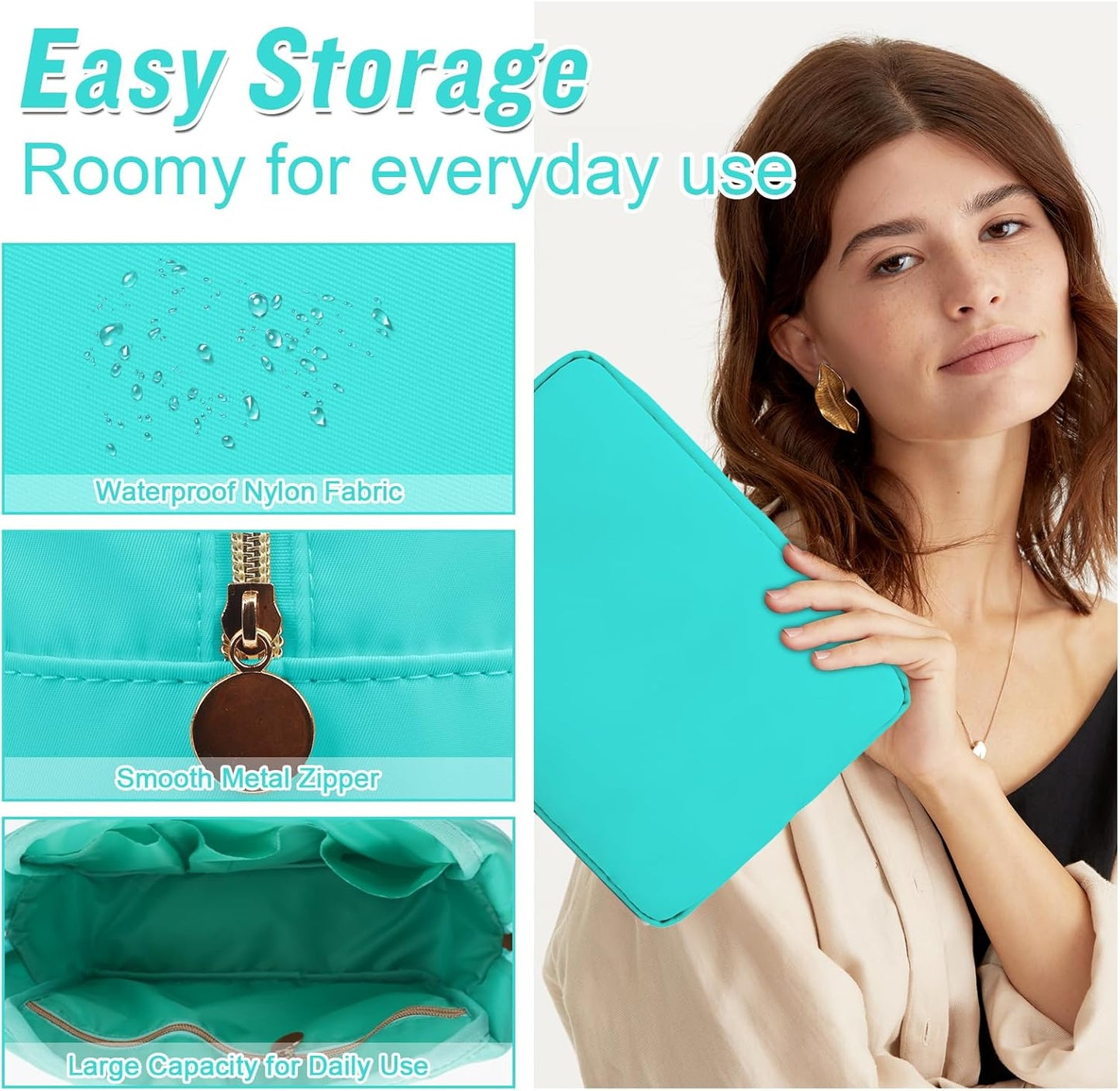 Nylon Large Makeup Bag Travel Pouch for Women, Preppy Big Makeup Bag Cute Cosmetic Zipper Pouch Purse, DIY Chenille Letter Bag Waterproof Toiletry Bag Clutch Make Up Organizer for Women Girls(Mint)