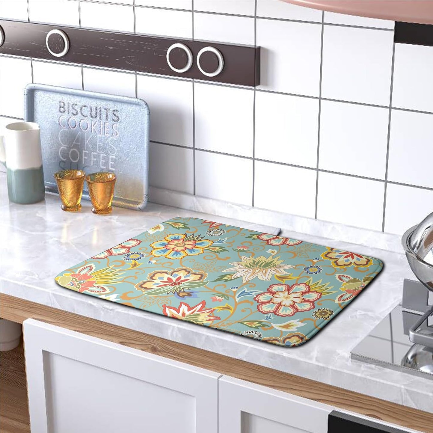 Boho Floral Kitchen Dish Drying Mat for Dishes 16x18 Inch Vintage Mandala Colorful Flowers Drying Mat Green Bohemian Dish Drainer Mat Super Absorbent Dish Rack Pad for Coffee Bar Sinks