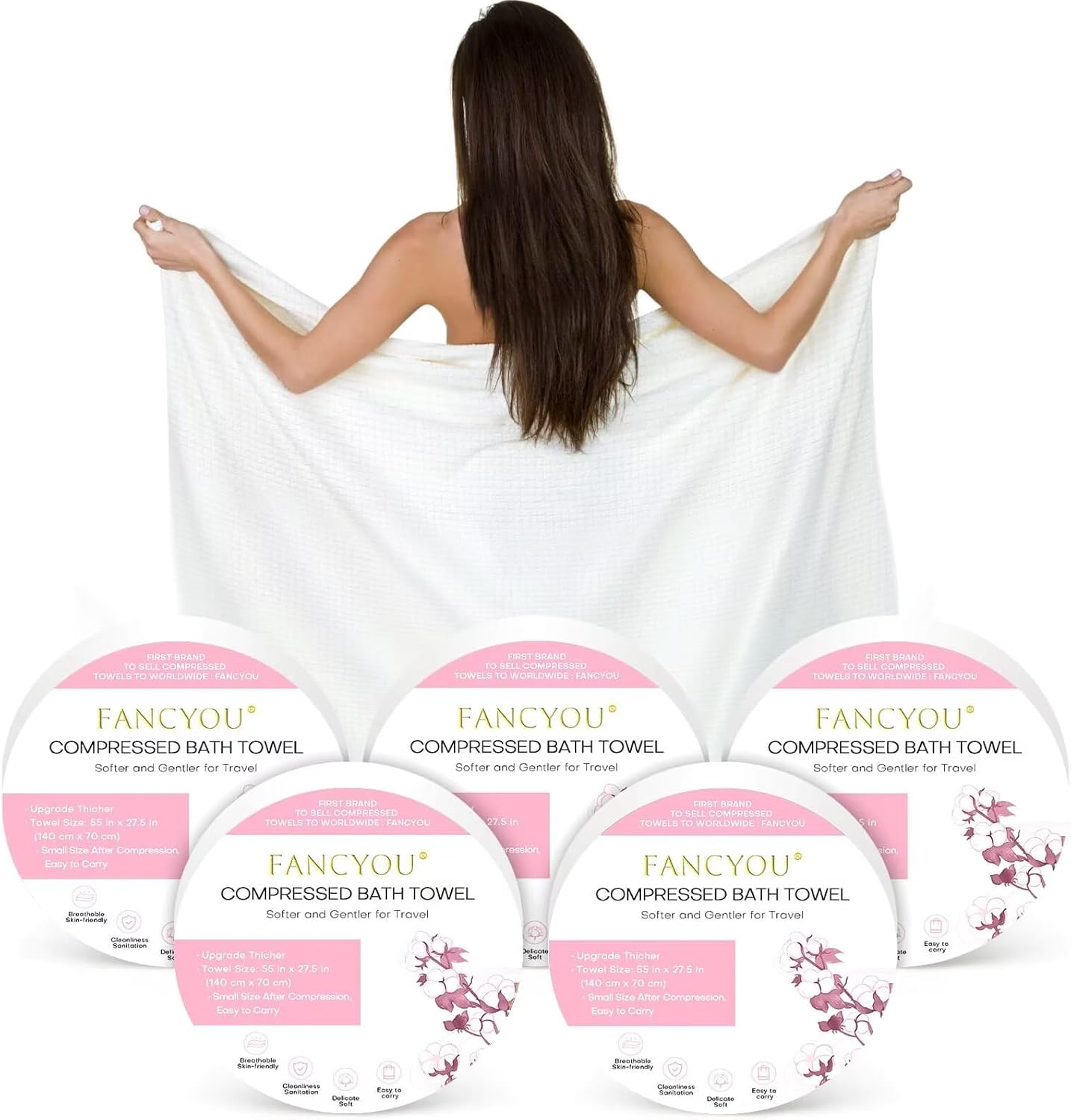 Compressed Bath Towel 5 Pcs 55" x 27.5" Travel Size Mini Disposable Coin Towel Washable & Reuseable Camping Wipe & Cleansing (Pink)