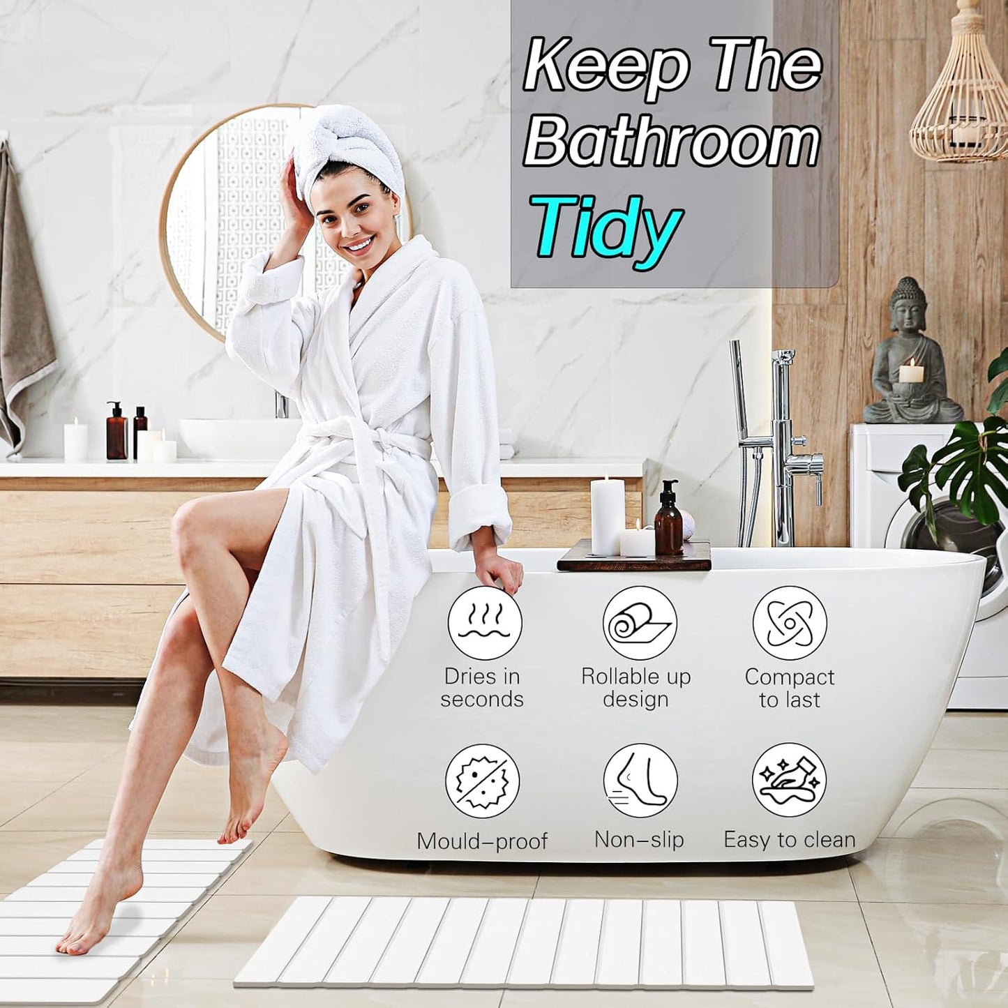 2 Pack Foldable Stone Bath Mats, White Super Absorbent Diatomaceous Earth Bath Rug, Non-Slip Shower Mat, Quick-Drying Bath Rug and Drying Mat for Tub and Shower