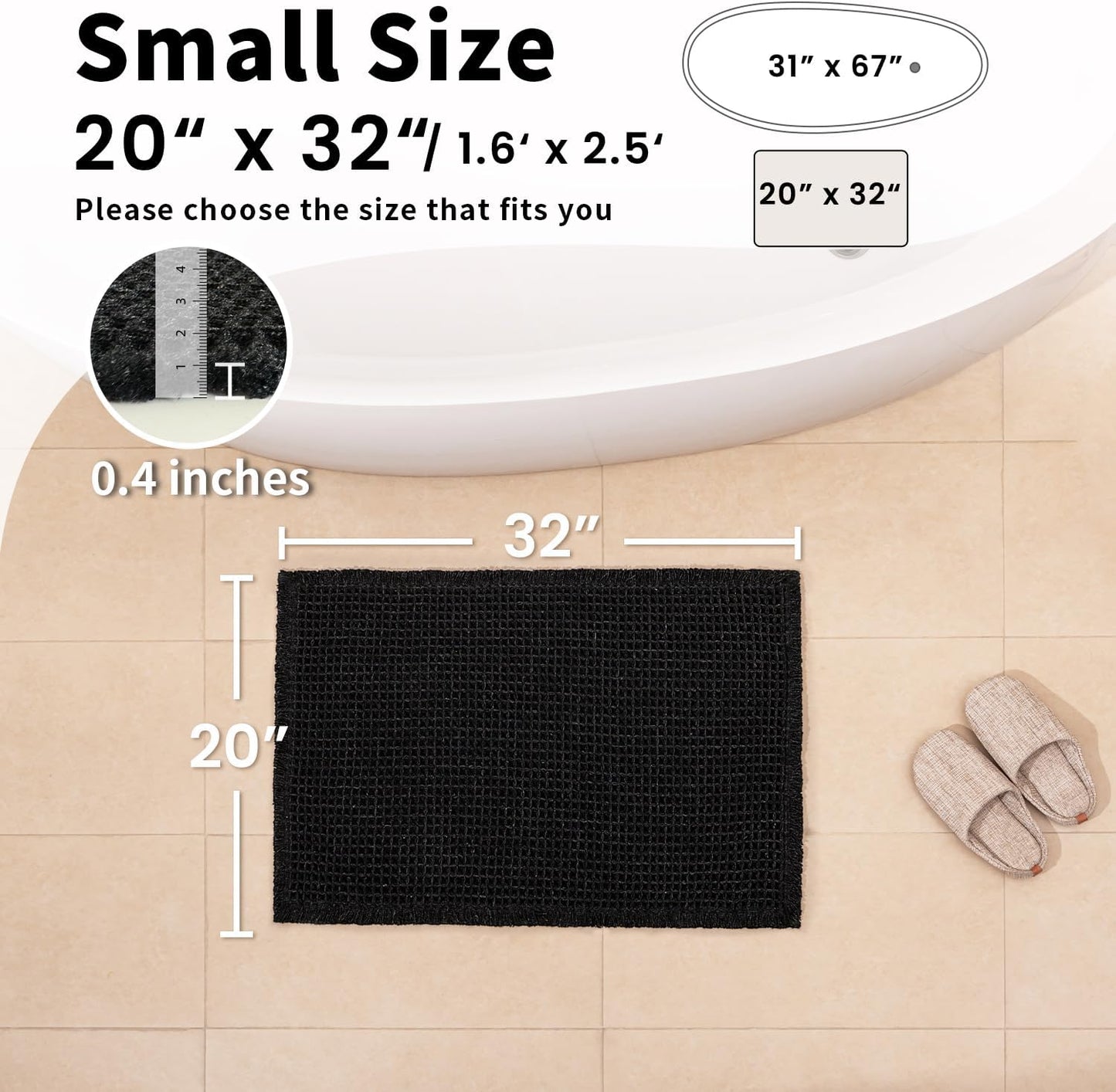 Black Bathroom Rug - Waffle Bath Mat Non Slip Washable, Super Absorbent & Quick Dry, Boho Bath Mat Farmhouse Bathroom Decor, 20'' x 32'', Black