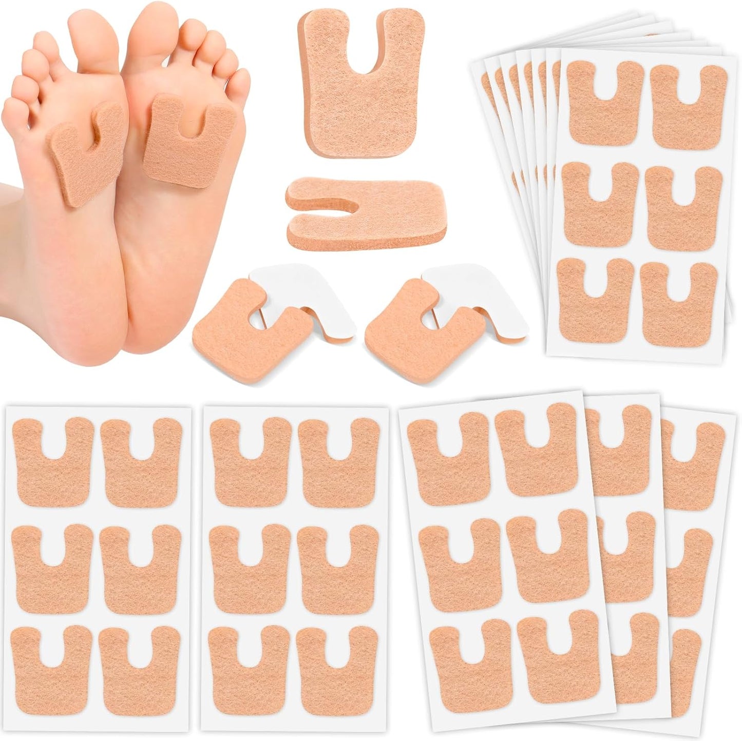 Jollidecor Callus Cushions U Shaped Felt Callus Pads Self Adhesive Foot Pads, 72Pcs Keep Calluses from Rubbing on Shoes Adhesive Pads for Men and Women, Brown