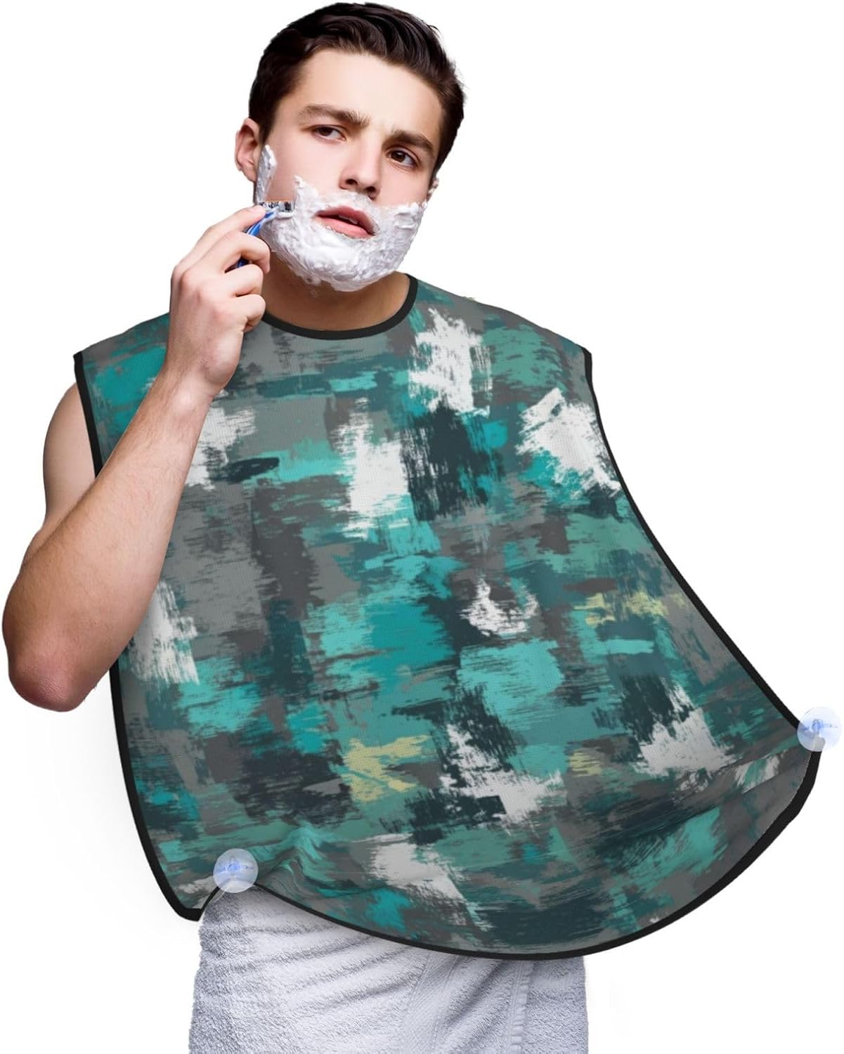 Stretchable Beard Cape, Non-Stick Hair Catcher for Trimming, Waterproof Grooming Apron, Turquoise Grey Abstract Teal Modern Art Painting