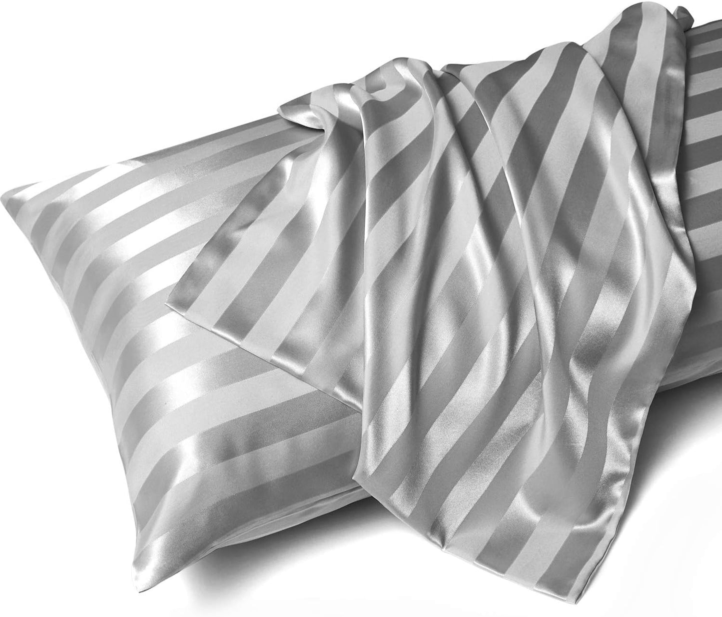 MR&HM Satin Body Pillow Cover, Soft and Breathable Body Pillow Case with Envelope Closure, Cooling and Silky Long Pillowcase for Hair and Skin,Grey (20x54, Silver Striped)