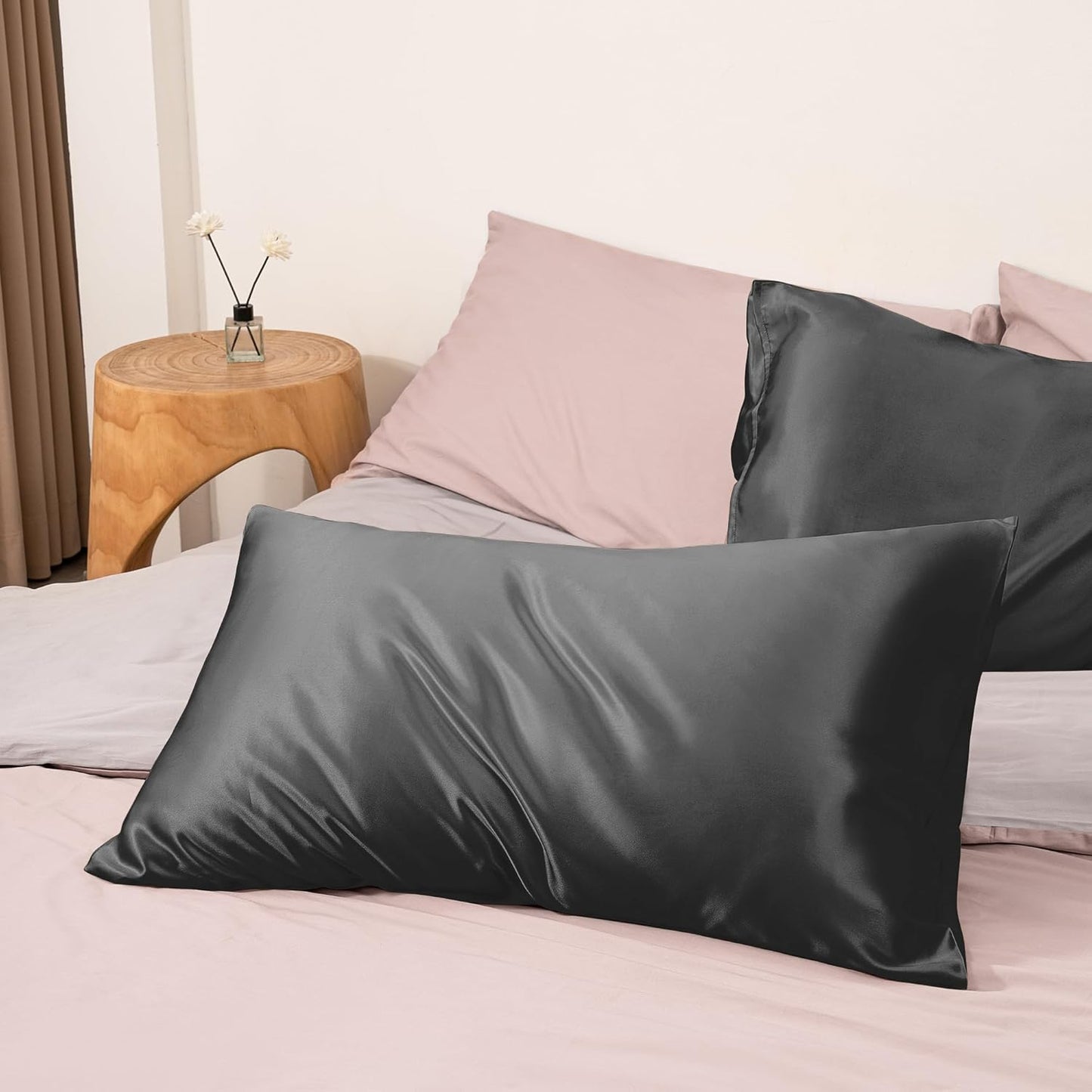 EXQ Home Silky Satin Pillowcase for Hair and Skin,Pillow Cases Standard Size Set of 2 Satin Pillow Case 2 Pack with Envelope Closure Black (Standard)