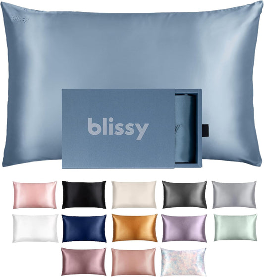Blissy Silk Pillowcase - 100% Pure Mulberry Silk - 22 Momme 6A High-Grade Fibers - Silk Pillow Cover for Hair & Skin - Regular, Queen & King (Ash Blue, Standard)