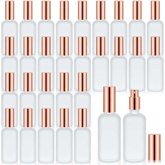 Roshtia 30 Pcs 3.4 oz/ 100 ml Rose Gold Glass Spray Bottle Refillable Perfume Atomizer Clear Decorative Empty Bottles with Fine Mist Sprayer Pump for Face Body Travel