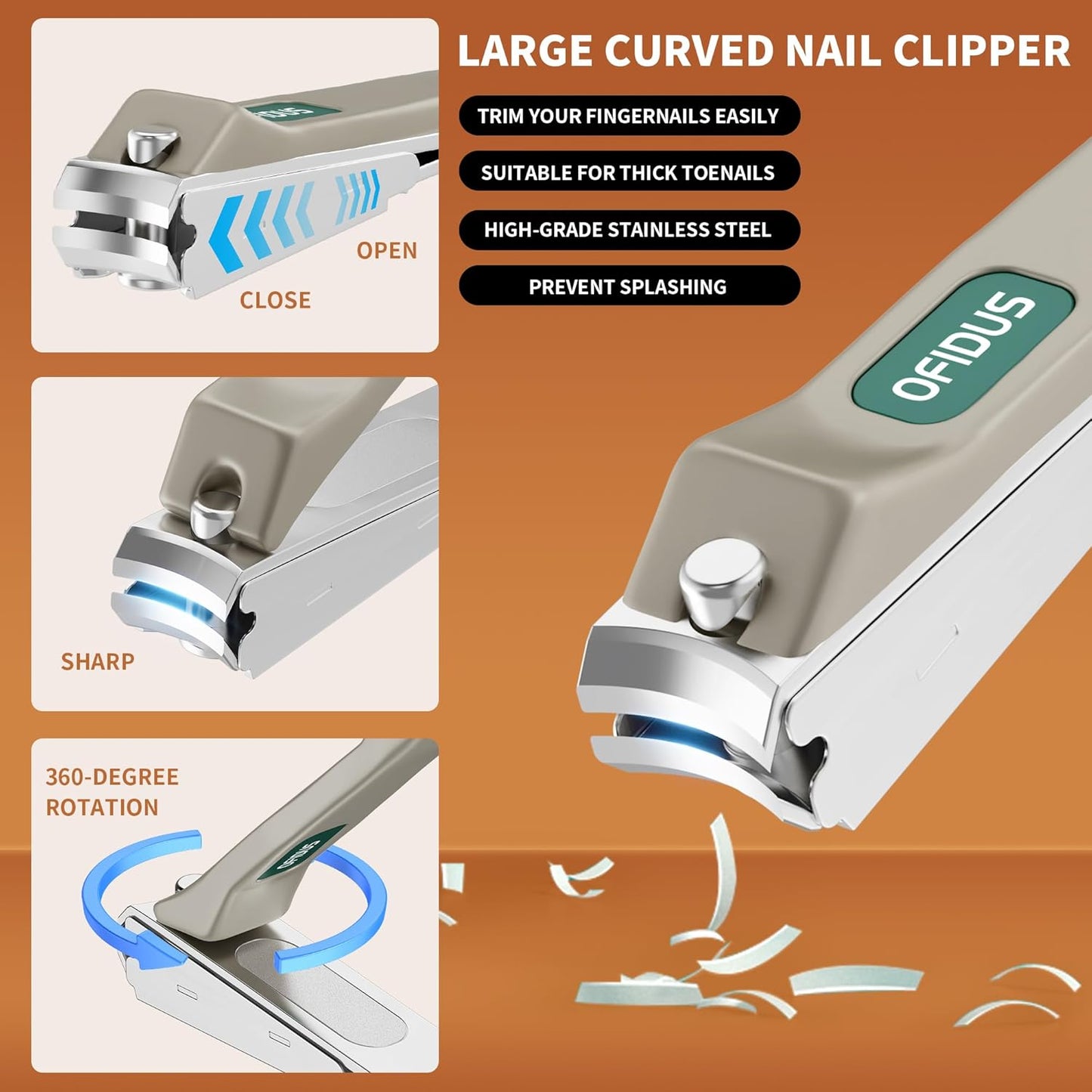 Nail Clippers Set Professional Stainless Steel Manicure Kit with Catcher, Curved & Oblique Clippers, Tweezers, and Nail File in Luxury Leather Case