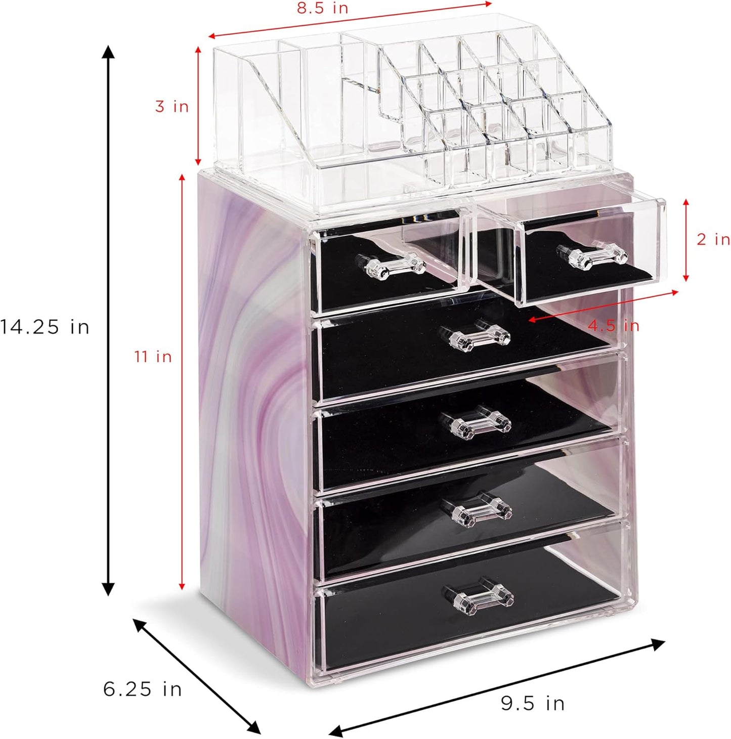 Sorbus Clear Cosmetic Makeup Organizer - Make Up & Jewelry Storage, Case & Display - Spacious Design - Great for Dresser, Bathroom, Vanity & Countertop (4 Large, 2 Small Drawers) [Tie Dye Print]