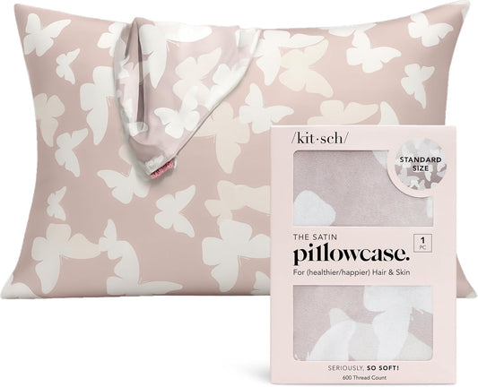 Kitsch Satin Pillowcase with Zipper for Hair & Skin, Softer Than Silk Pillow Cases Queen, Wrinkle-Free, Smooth and Cooling Satin Pillow Covers, Standard Size 19"x26", Champagne Butterfly