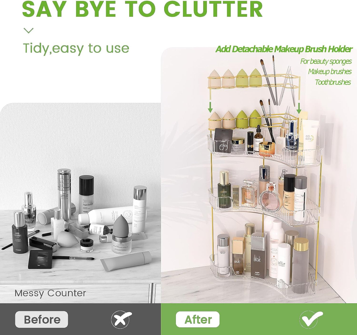 NATURE'S SOURCE Makeup Organizer for Vanity, 3-Tier Corner Bathroom Organizer Countertop with Makeup Brush Holder, Corner Counter Storage for Bathroom, Dresser, Kitchen（Clear