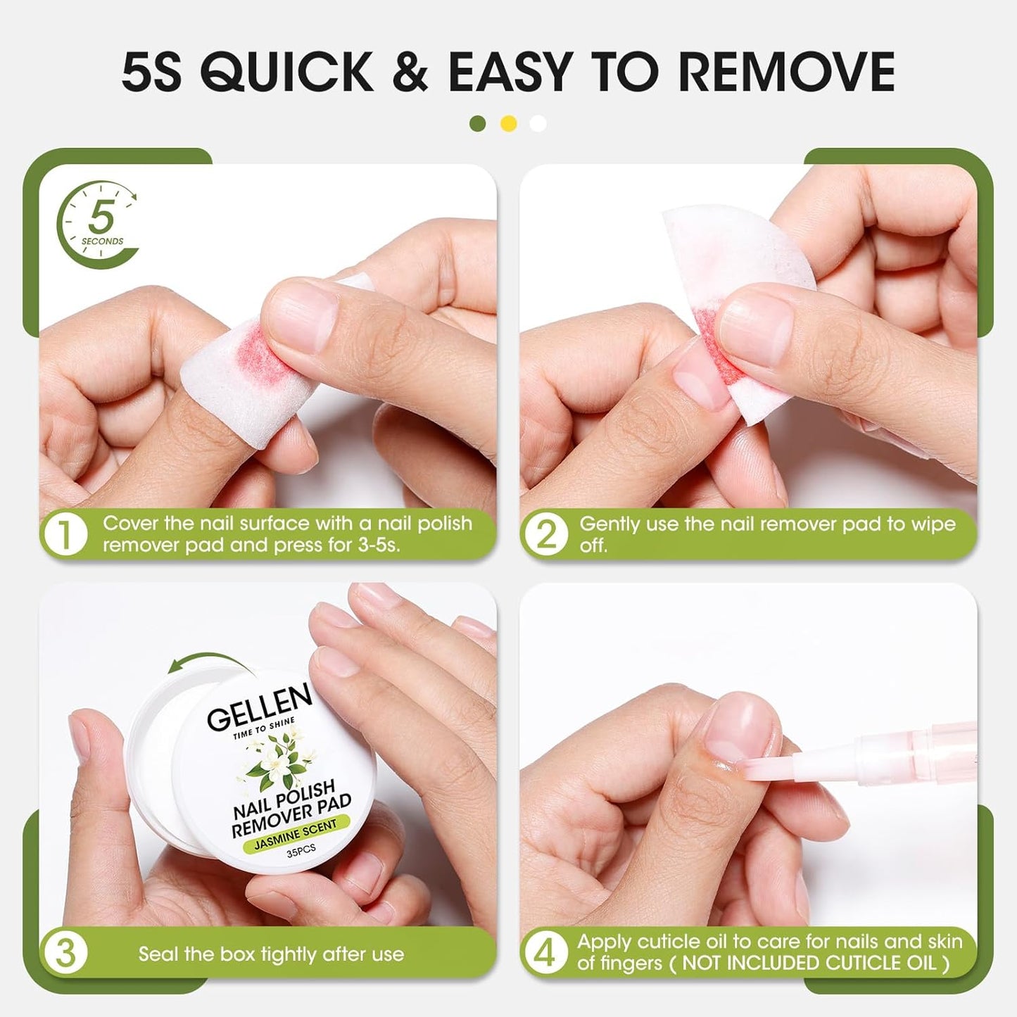 Gellen Nail Polish Remover Pads Non-Acetone Traditional Nail Polish Remover Wipes, 140pcs Travel Wets Bulk Set For Clearing Regular Manicure Salon Home, Jasmine Scent