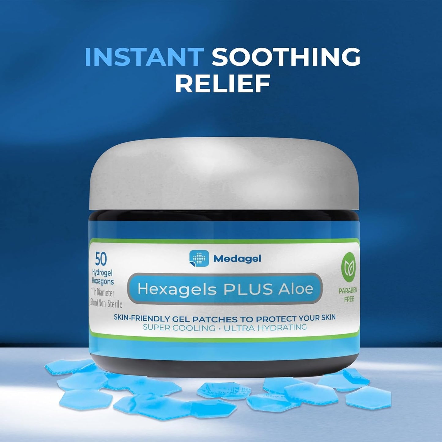 Hexagels Plus Aloe Vera - Advanced Healing Hydrogel Pads for Blister Prevention & Soothing Burn Care - Foot, Heel, Toe, & Ankle Protection, Pack of 50, 1-Inch Patches, by Medagel, Paraben Free Formula