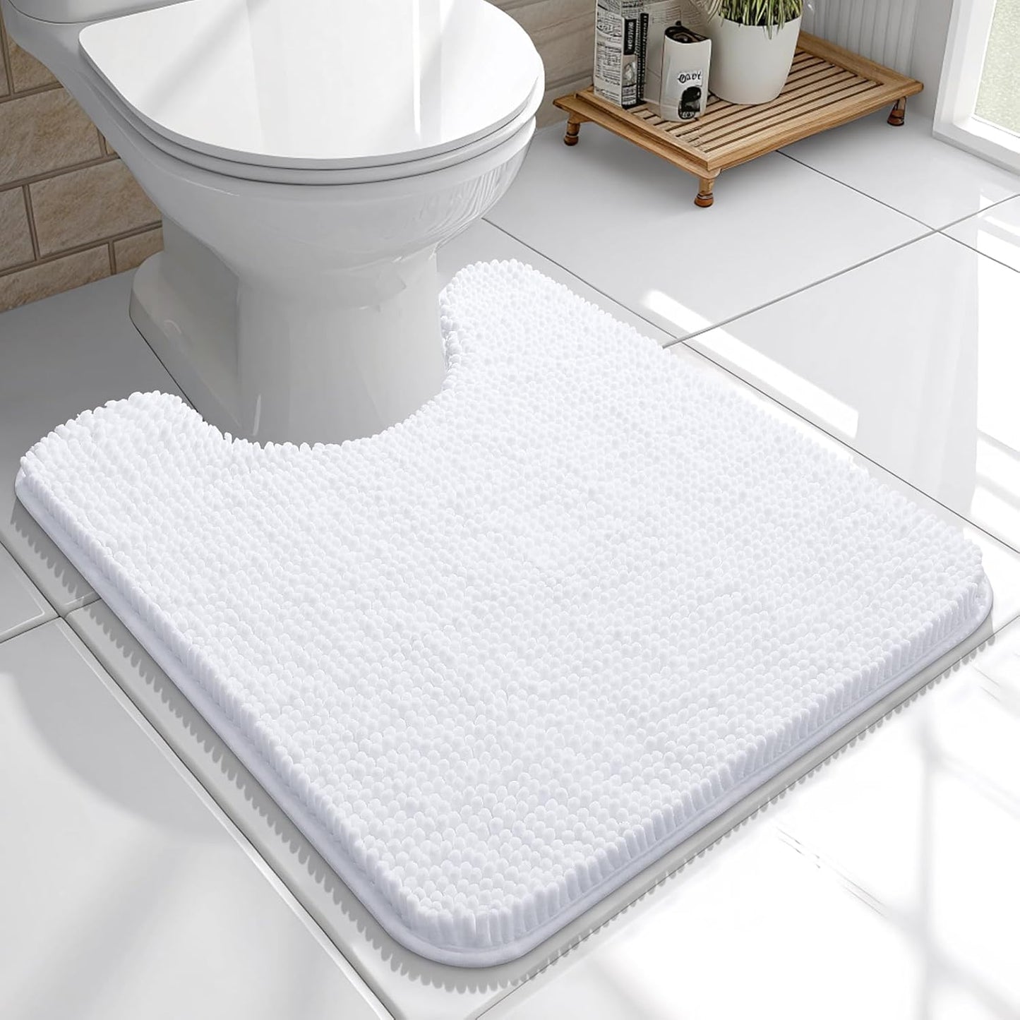 OLANLY Toilet Rugs U-Shaped 20x20, Extra Soft Absorbent Chenille Contour Bathroom Rugs for Toilet, Dry Quickly, Machine Washable, Non-Slip Bath Mat, White