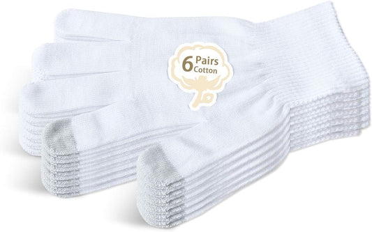 Evridwear Unisex Moisturizing Cotton Gloves with Touchscreen Fingertips for Eczema Beauty Cosmetic Dry Hands Sensitive Irritated Skin Therapy Overnight Bedtime, 6 Pairs, Lightweight-White, S/M