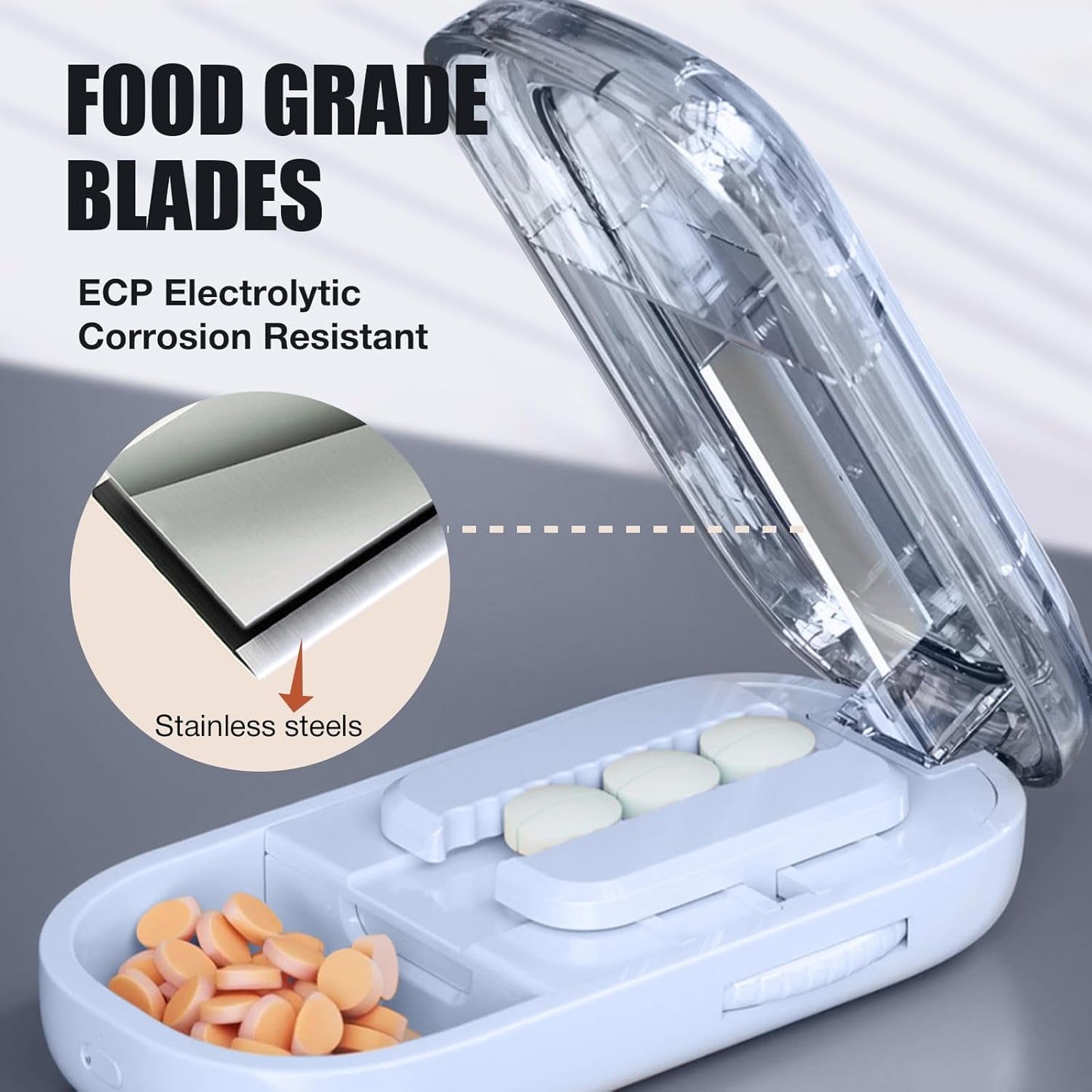 Portable Pill Cutter with Adjustable Slots – Multi Pill Splitter for Small & Large Tablets, Stainless Steel Blade, Clear Cut, Non-Slip Design, Easy to Use for Weekly Medication(Blue, 1/2)