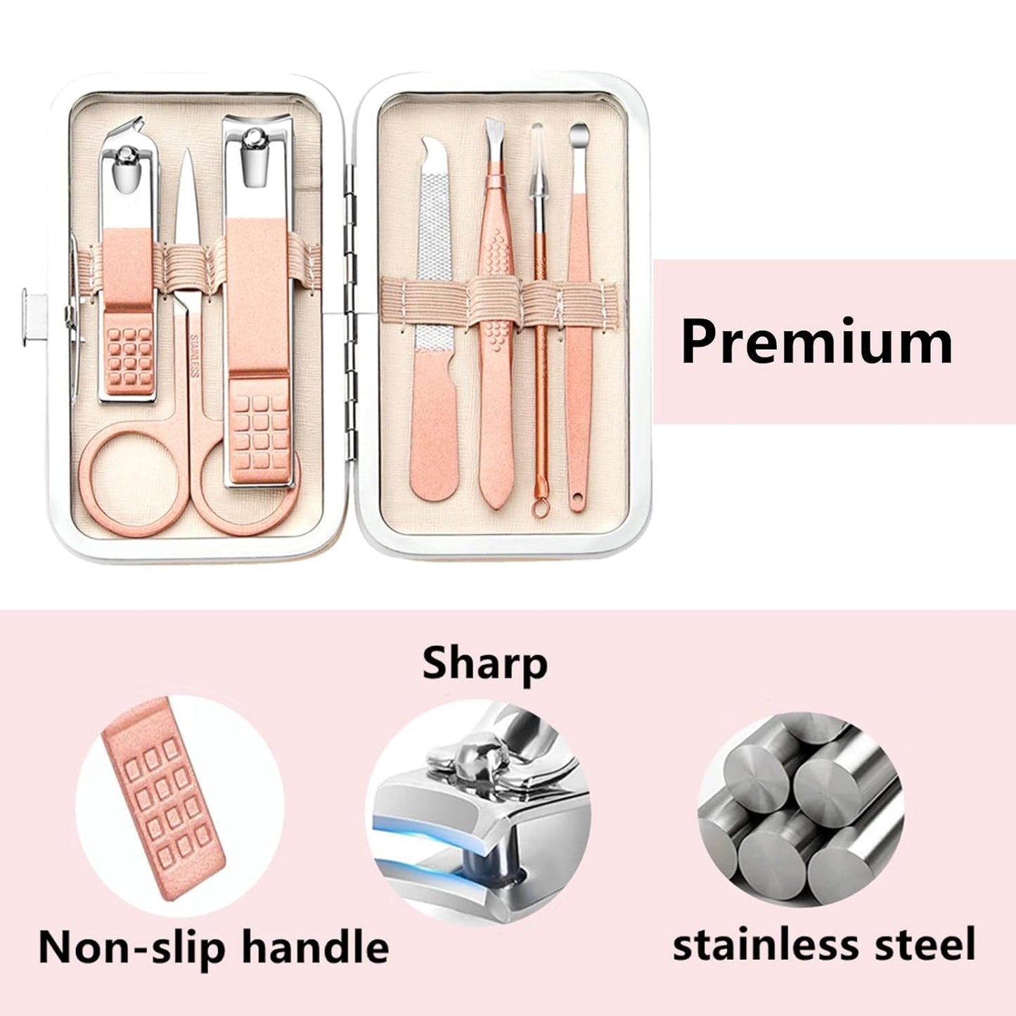 Manicure Set Nail Clipper Set Stainless Steel Women Men Toe Finger Nail Clippers Personal Care Tools with Portable Travel Case Manicure Pedicure Tools Women Men Grooming Kit Present(Rose Gold)