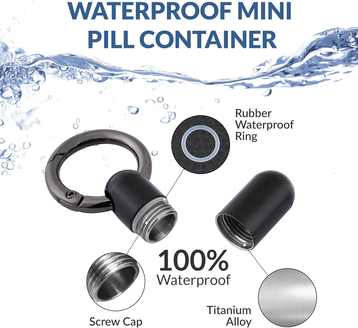 TISKY Small Keychain Pill Holder Titanium,Waterproof Tiny Pill Container with Keyring,Mini Portable Pill Case for Travel,Pill Organizer for Purse Pocket(Black)