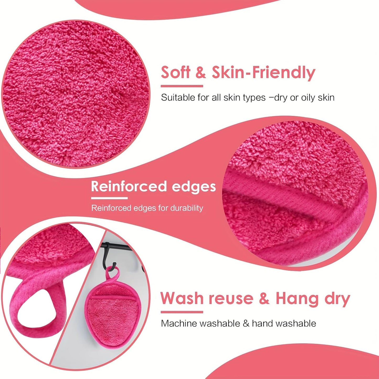 Reusable Makeup Remover Pads Soft Makeup Remover Cloths Washable Facial Makeup Cleansing Pads for Face,Lip,Eyes Pink 6PCS
