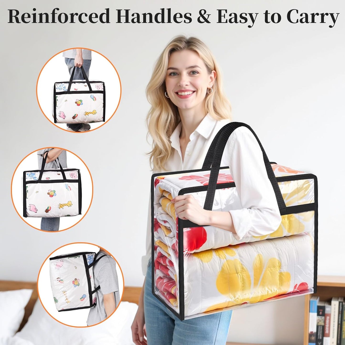 Clear Clothes Storage Bags, 4 Pack Closet Organizers and Under Bed Storage Containers, Foldable Moving Bags with Zippers for Comforter, Blanket, Bedding, Duvet, PVC Packing Bags 60L