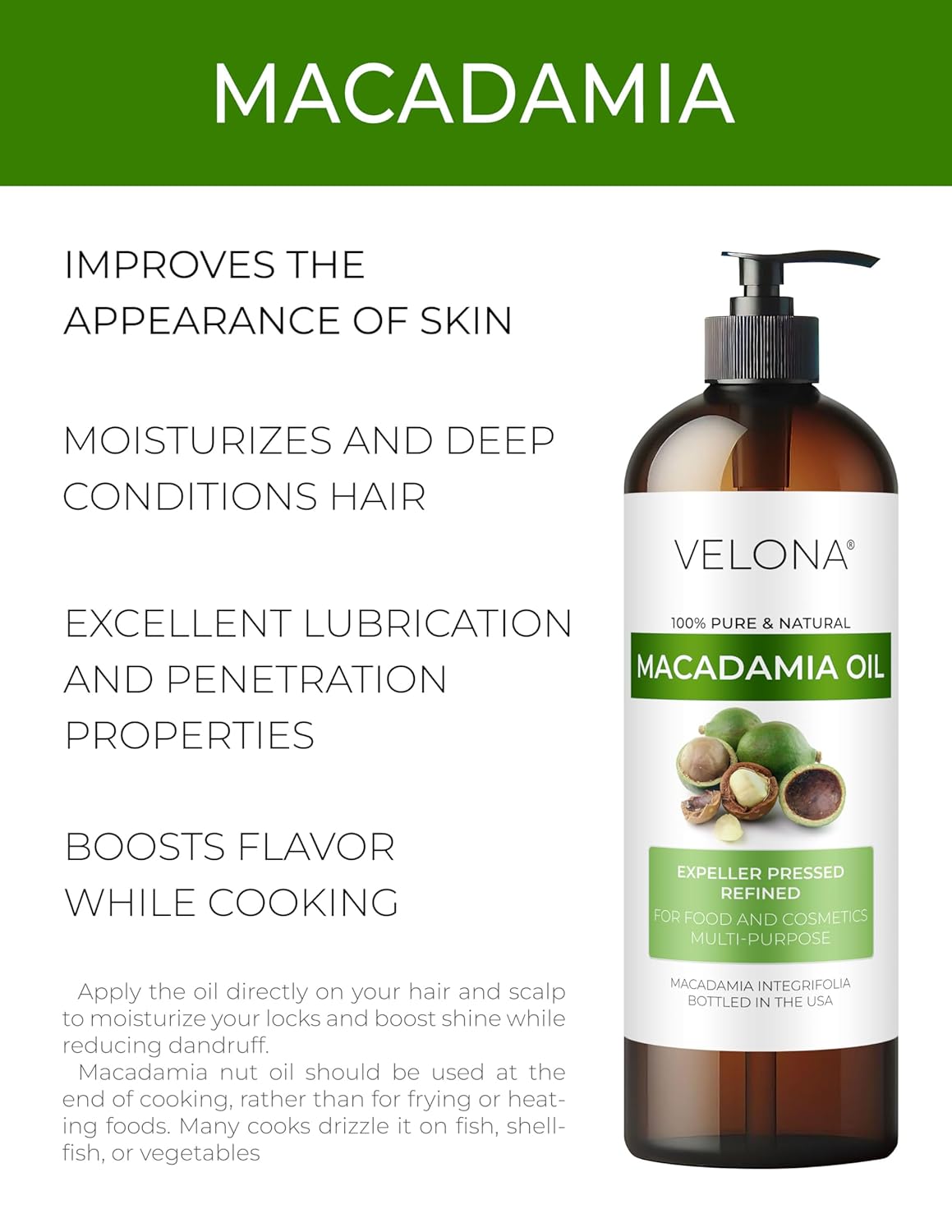 velona Macadamia Nut Oil 16 Fl Oz | 100% Pure and Natural Carrier Oil | Refined, Cold pressed | Cooking, Skin, Hair, Body & Face Moisturizing | Use Today - Enjoy Results