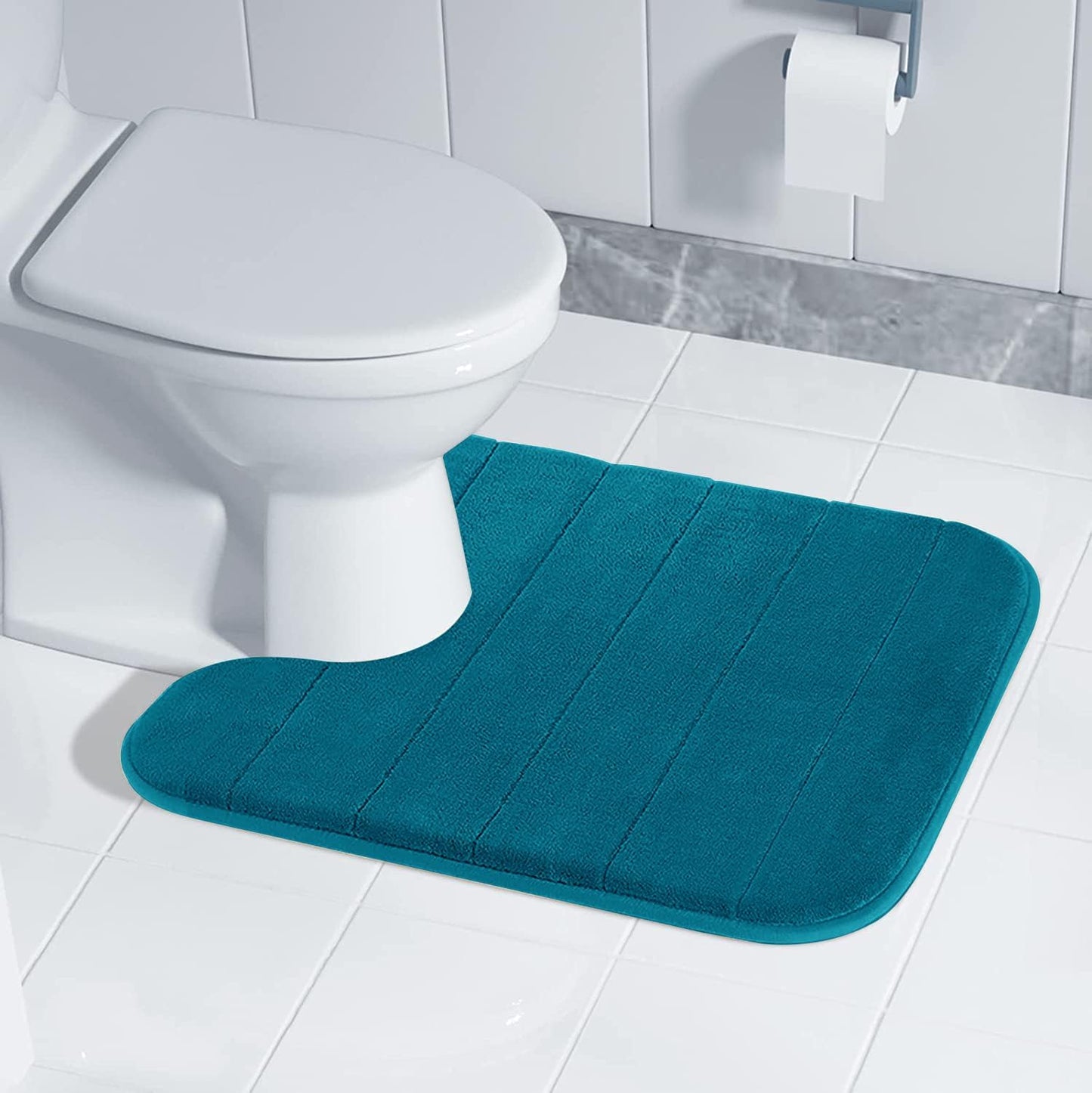 Yimobra Memory Foam Toilet Bath Mat U-Shaped, Soft and Comfortable, Water Absorption, Non-Slip, Thick, Machine Wash and Easier to Dry for Bathroom Commode Contour Rug, 24 X 20 Inches, Peacock Blue