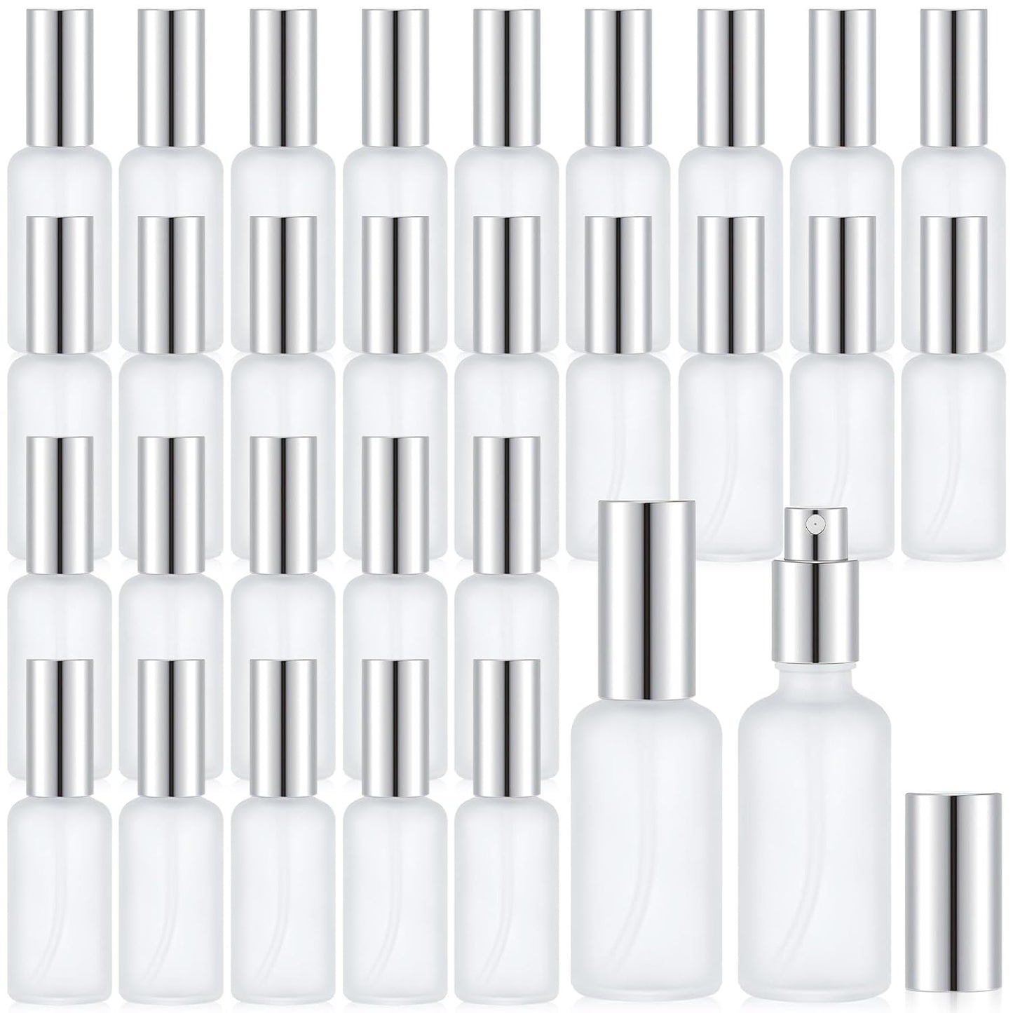 Roshtia 30 Pcs 1.69 oz/ 50 ml Silver Glass Spray Bottle Refillable Perfume Atomizer Clear Decorative Empty Bottles with Fine Mist Sprayer Pump for Face Body Travel