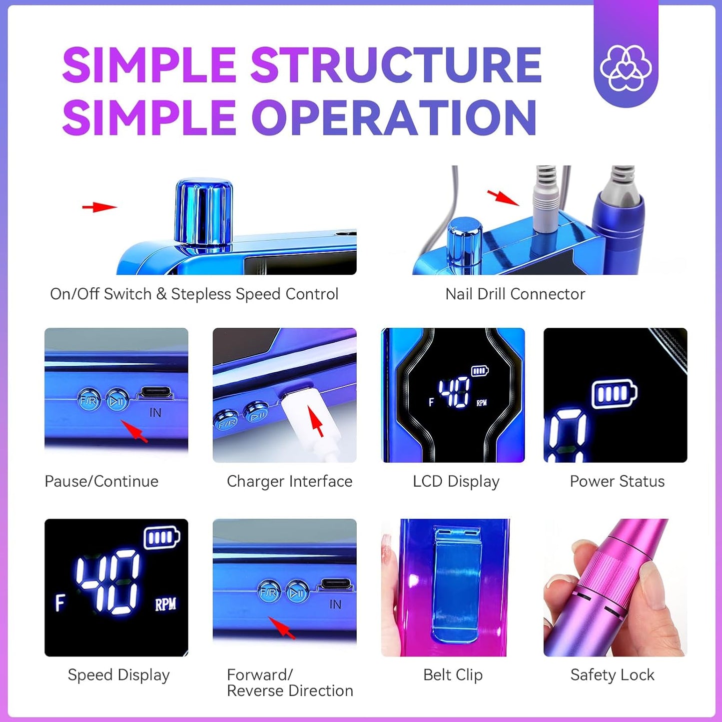 SAVILAND Nail Drill Professional: 40000RPM Nail Drill Machine 2024 Portable Nail File Faster Removal Acrylic Nails & Large Battery Capacity for Nail Art, Pedicure Manicure Home Nail Salon