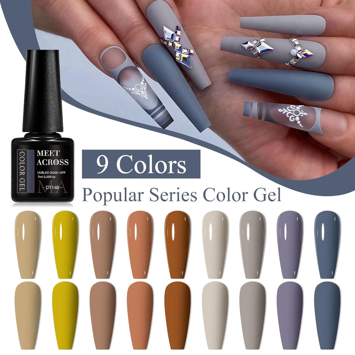 MEET ACROSS 9 Colors Gel Nail Polish + 3PCS Function Gel Nail Polish Kit,Fashion Nail Art Set Design Gifts for Women Manicure Salon (SET5, 12pcs)