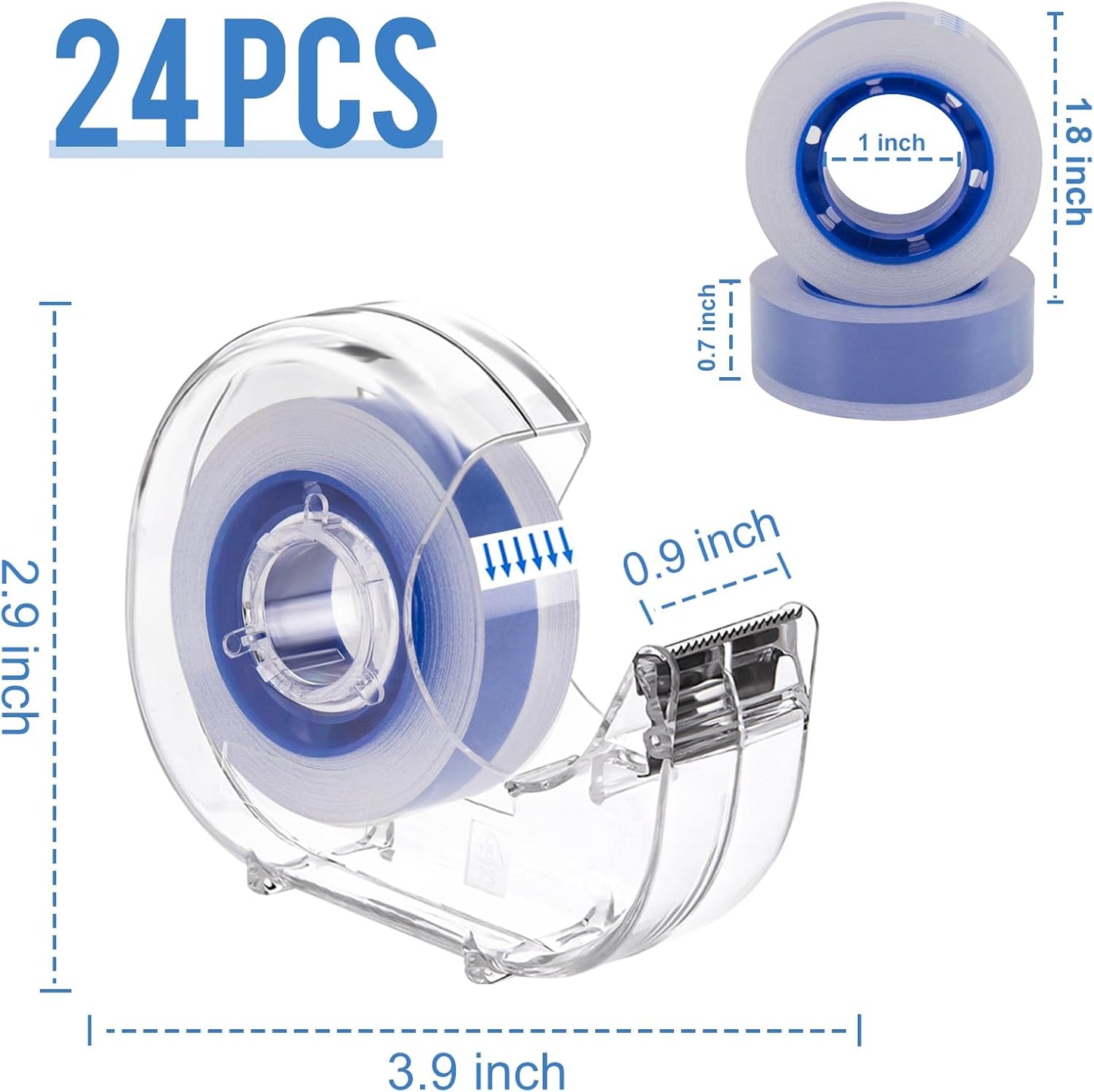 24 Pcs Transparent Tape with Dispenser, 0.7 x 1000 in Blue Core Clear Tape Rolls Bulk, Office Tape Refills for Desk, Craft, and Gift Wrapping