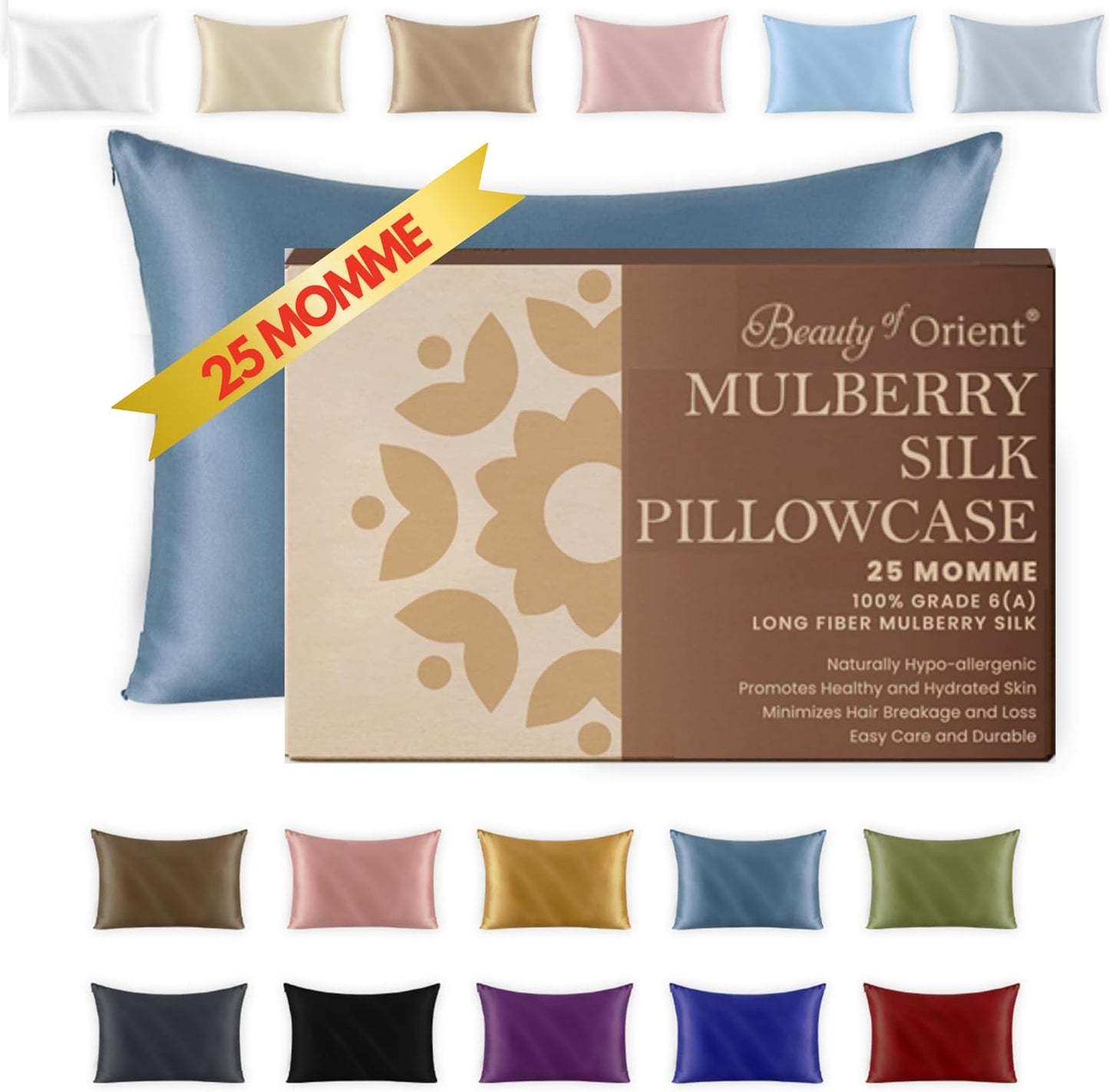 25 Momme Premium Mulberry Blue Silk Pillowcase for Hair and Skin | Handcrafted Hypoallergenic & Anti-Acne Silk Pillow Cases with Zipper | Standard - 20" x 26", Ocean