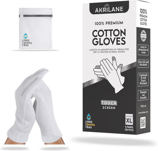 Touch Screen XL Extra Large 5 Pairs 100% Premium Cotton Gloves for Dry Hands | Moisturizing Overnight Gloves for Eczema, Psoriasis & Skin Spa Treatment for Women & Men | Free Laundry Bag